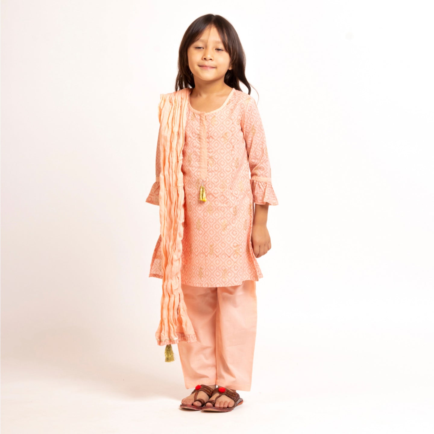 Girls Block printed kurta set Mughal Pink