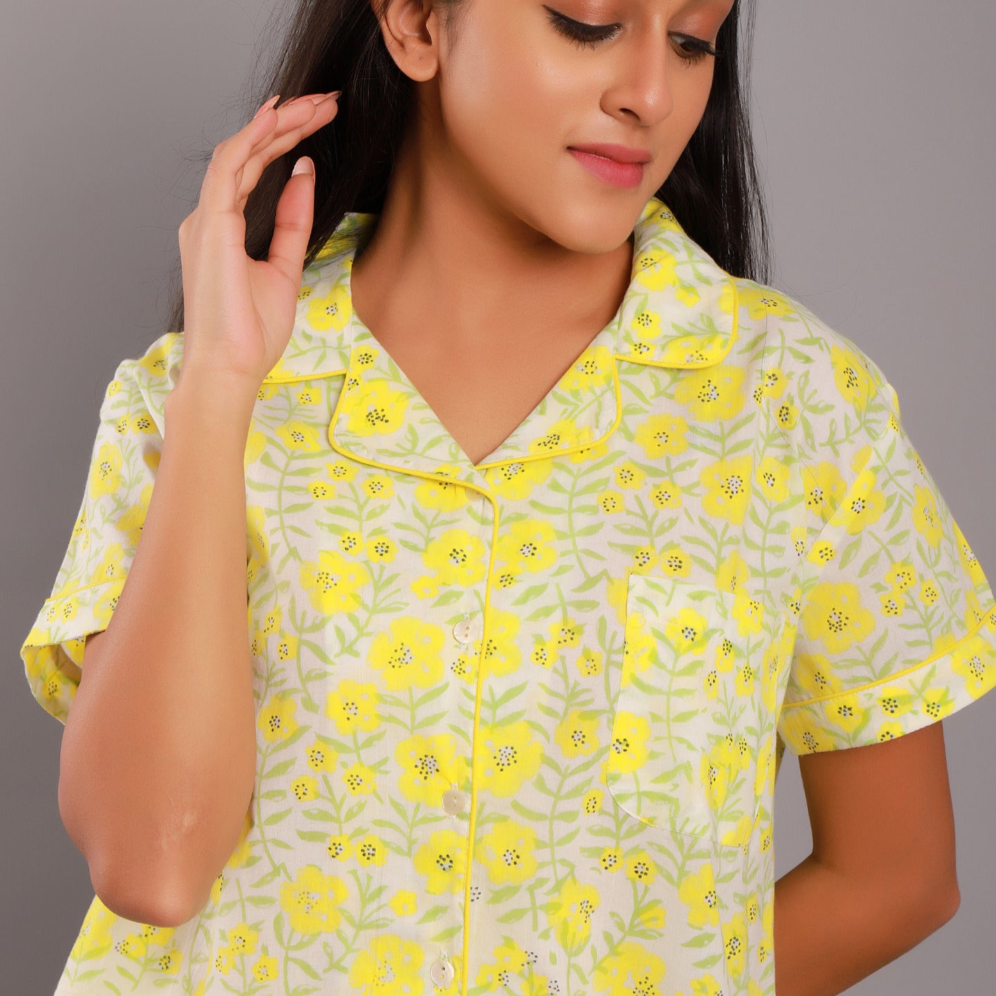 Floral Night Suit Capris Set Yellow