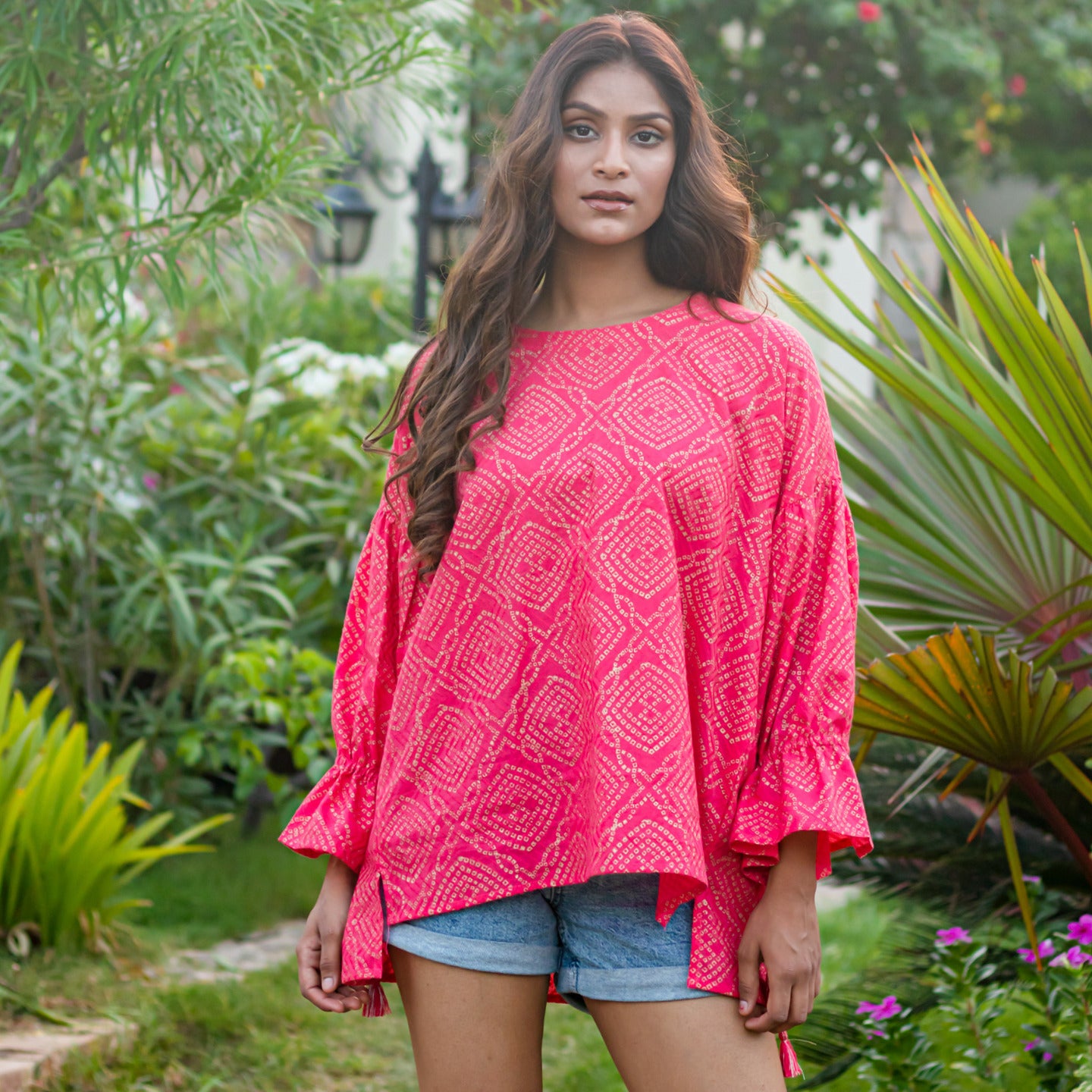 Women Block printed oversized Top Coral
