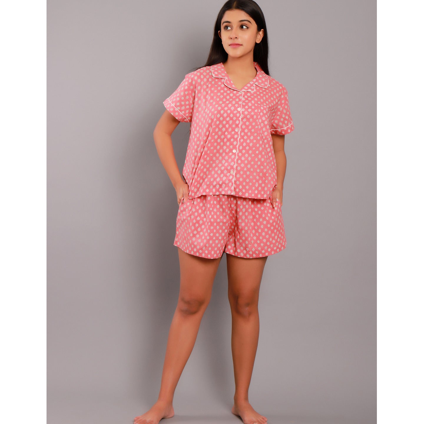 Nora Night Suit Shorts Set- Coral