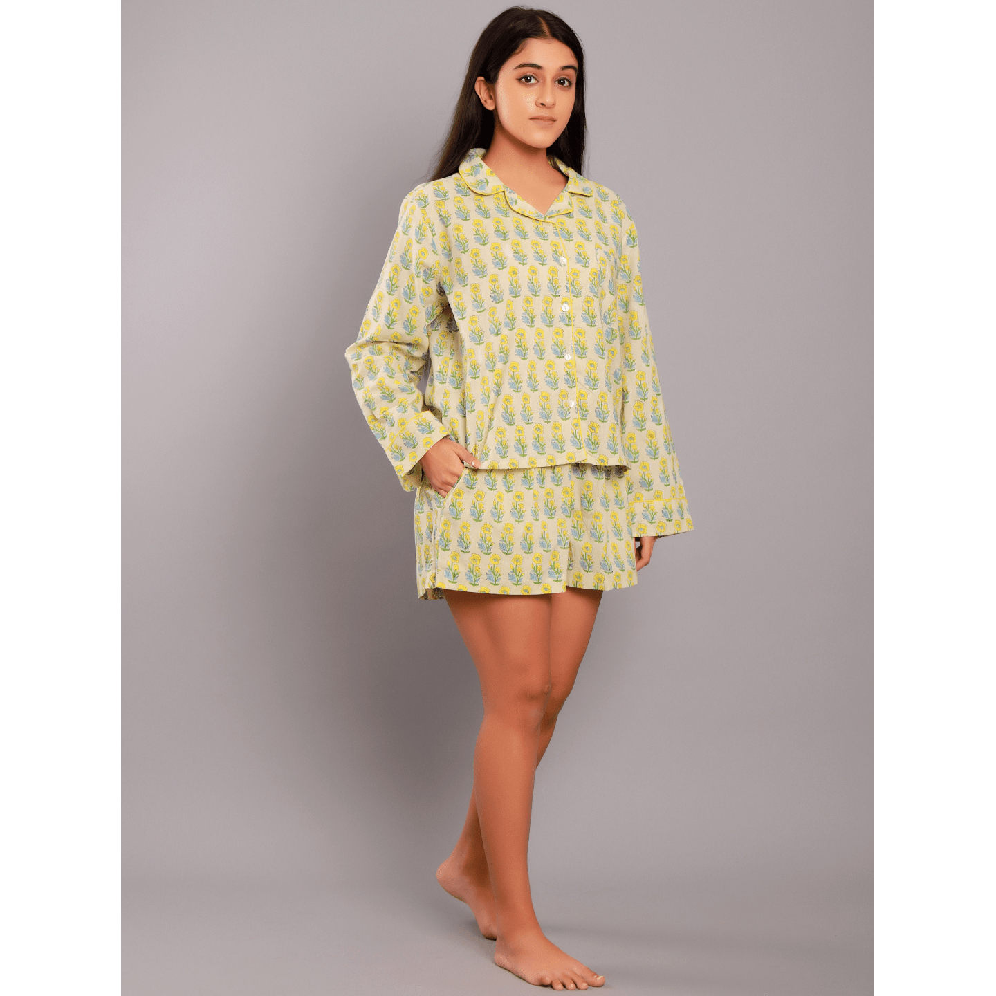 Women nightsuit ethnic buti beige- yellow block printed