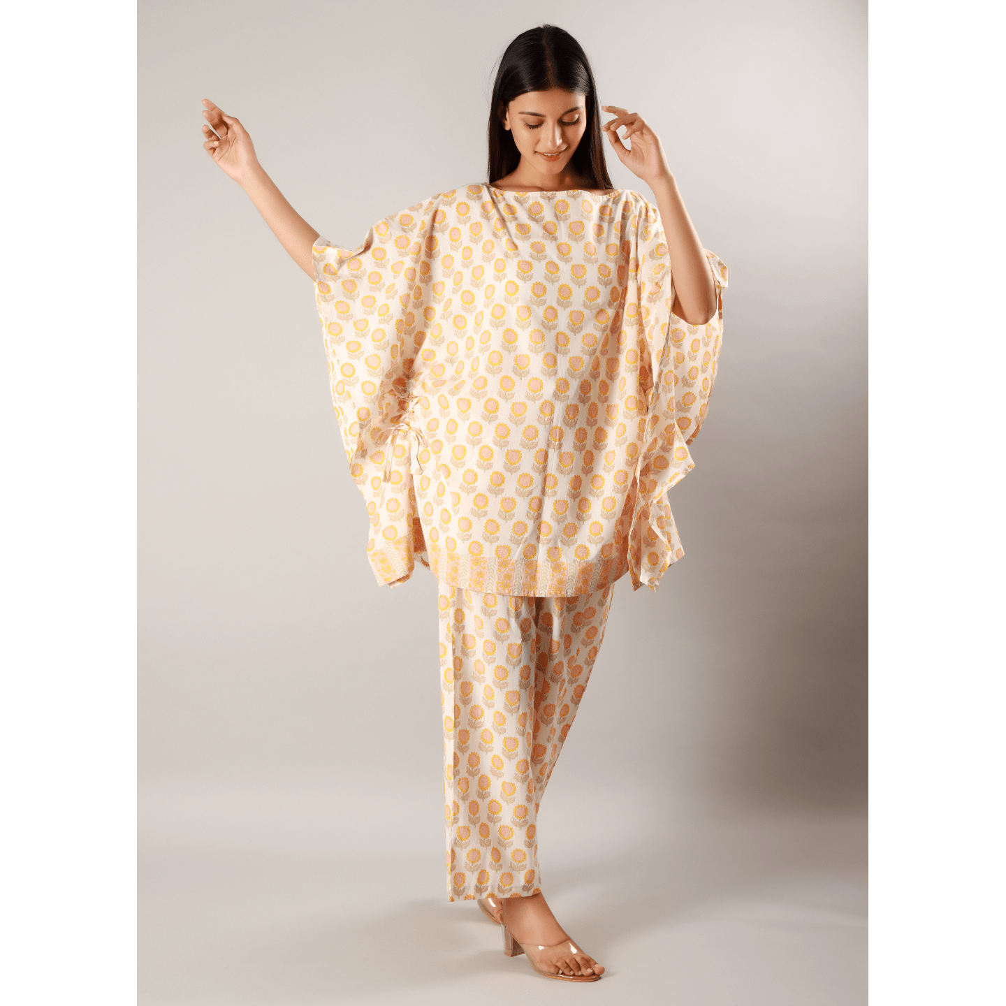 Block printed Women kaftan set Sunflower yellow