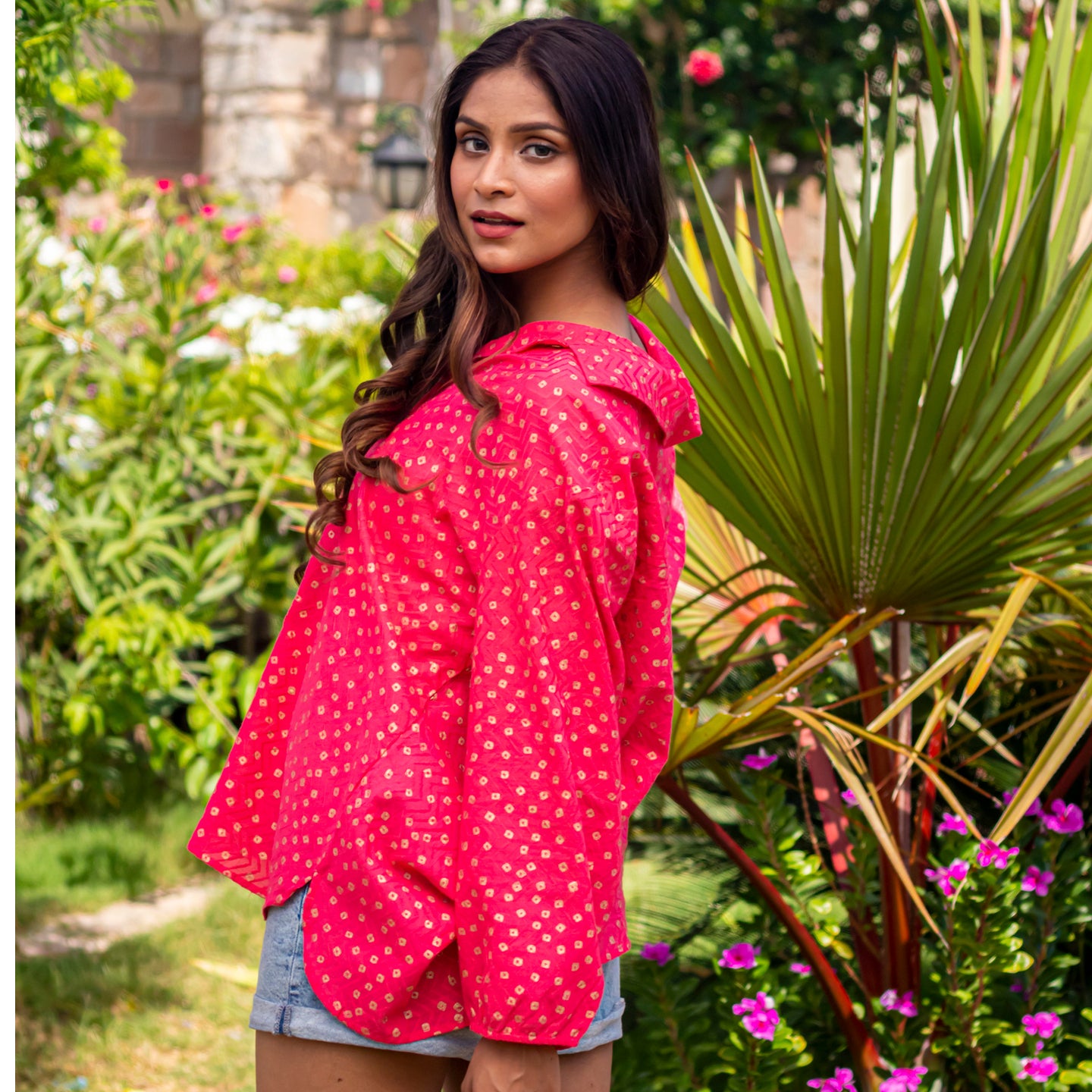 Women Oversized Block printed shirt Coral