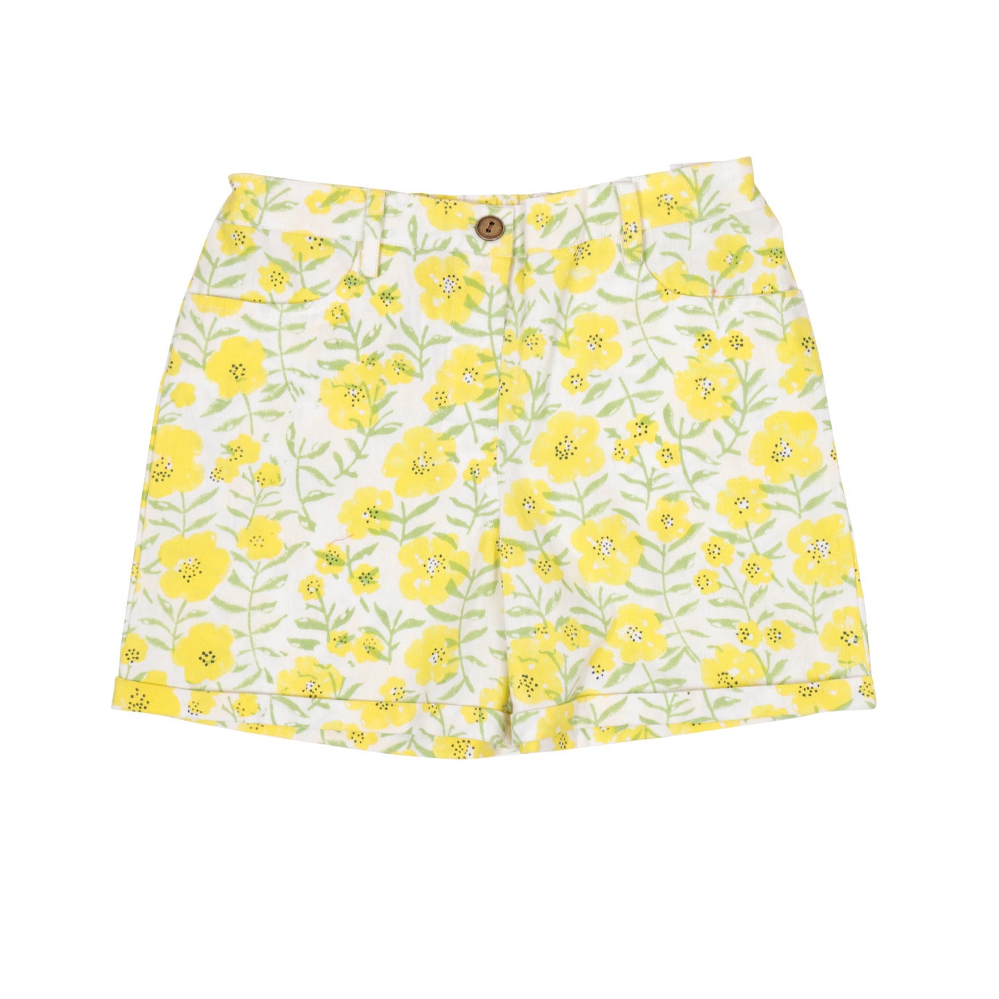 Block printed twill shorts Floral Yellow