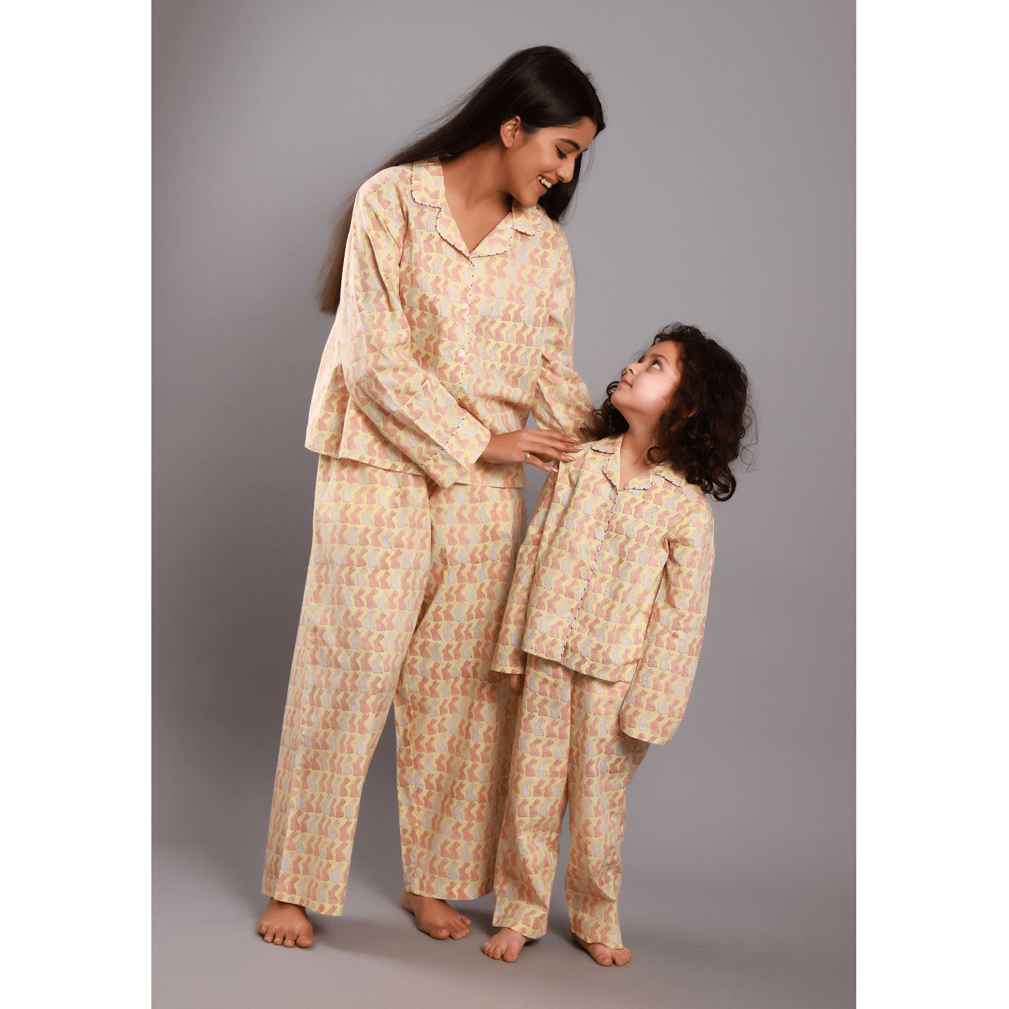 Block Printed Unisex Night Suit Set Bunny Yellow