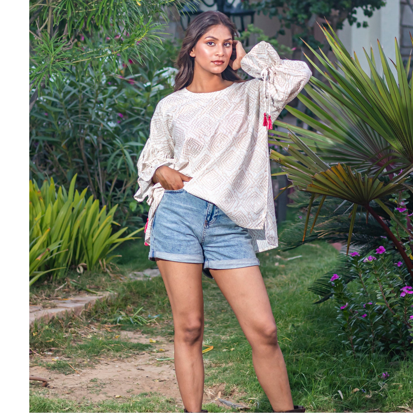 Women Block printed oversized Top White