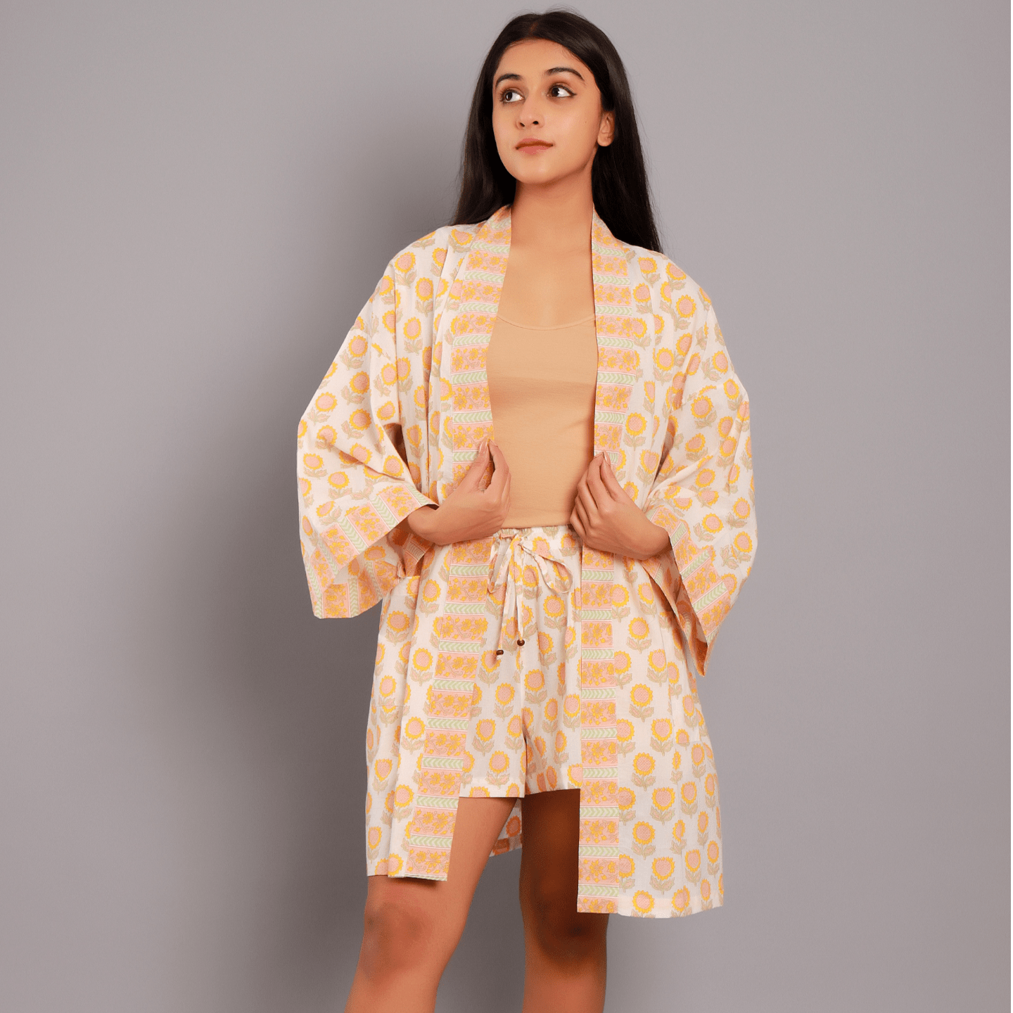Block Printed Women bathrobe Sunflower yellow