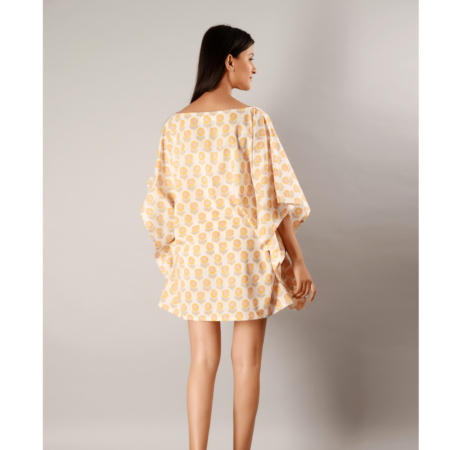 Block printed Women kaftan Sunflower yellow