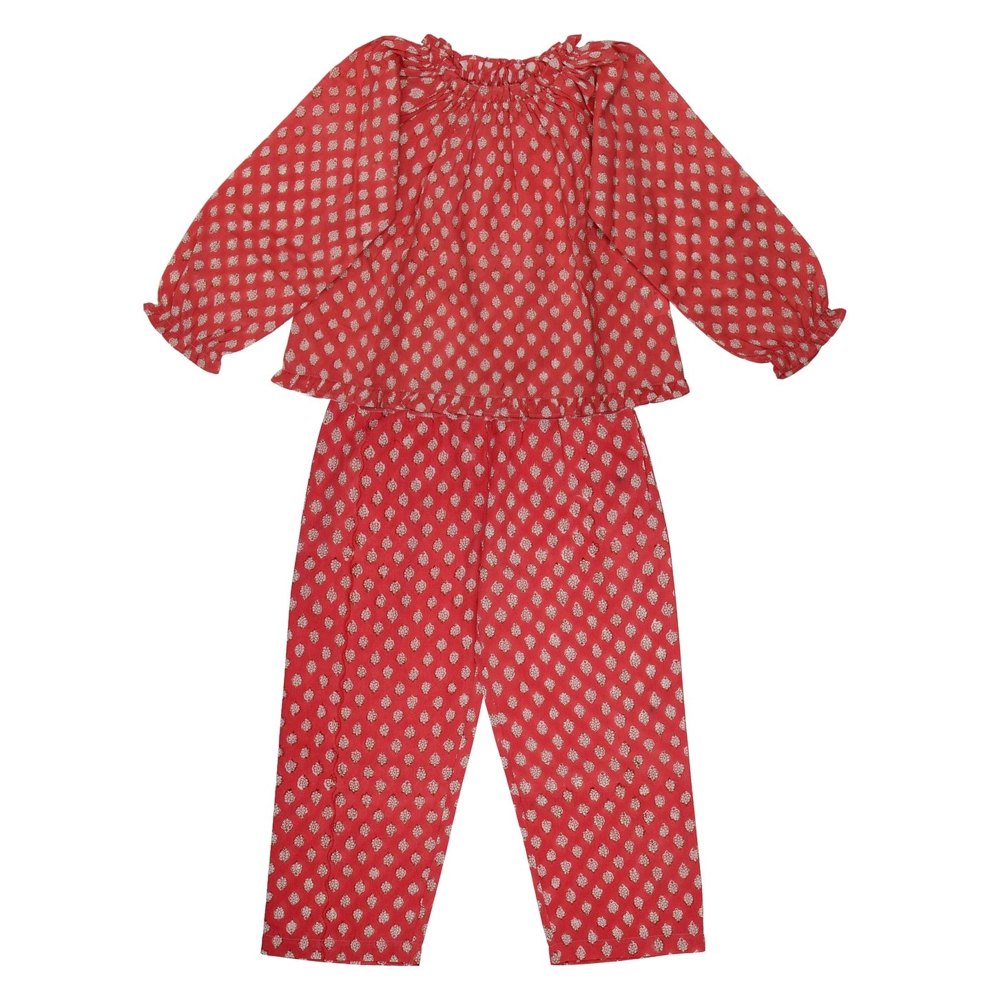Block printed Girl's Night Suit Nora Coral