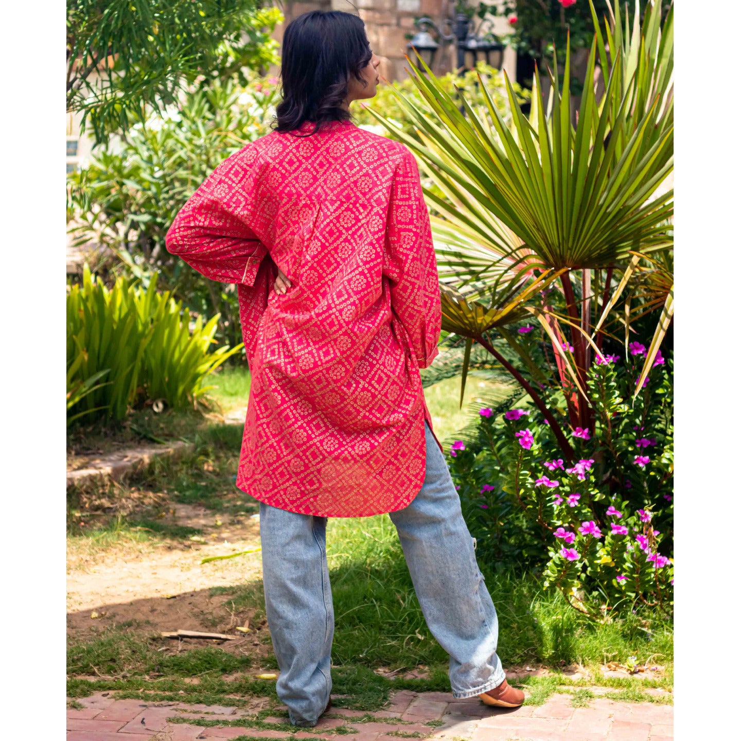 Women Block printed oversized shirt Coral