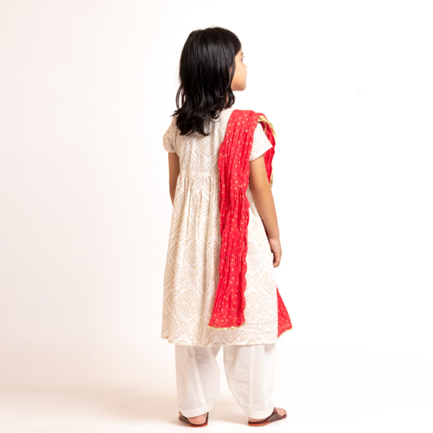 Girl's Block printed Embroidered Kurta Set White