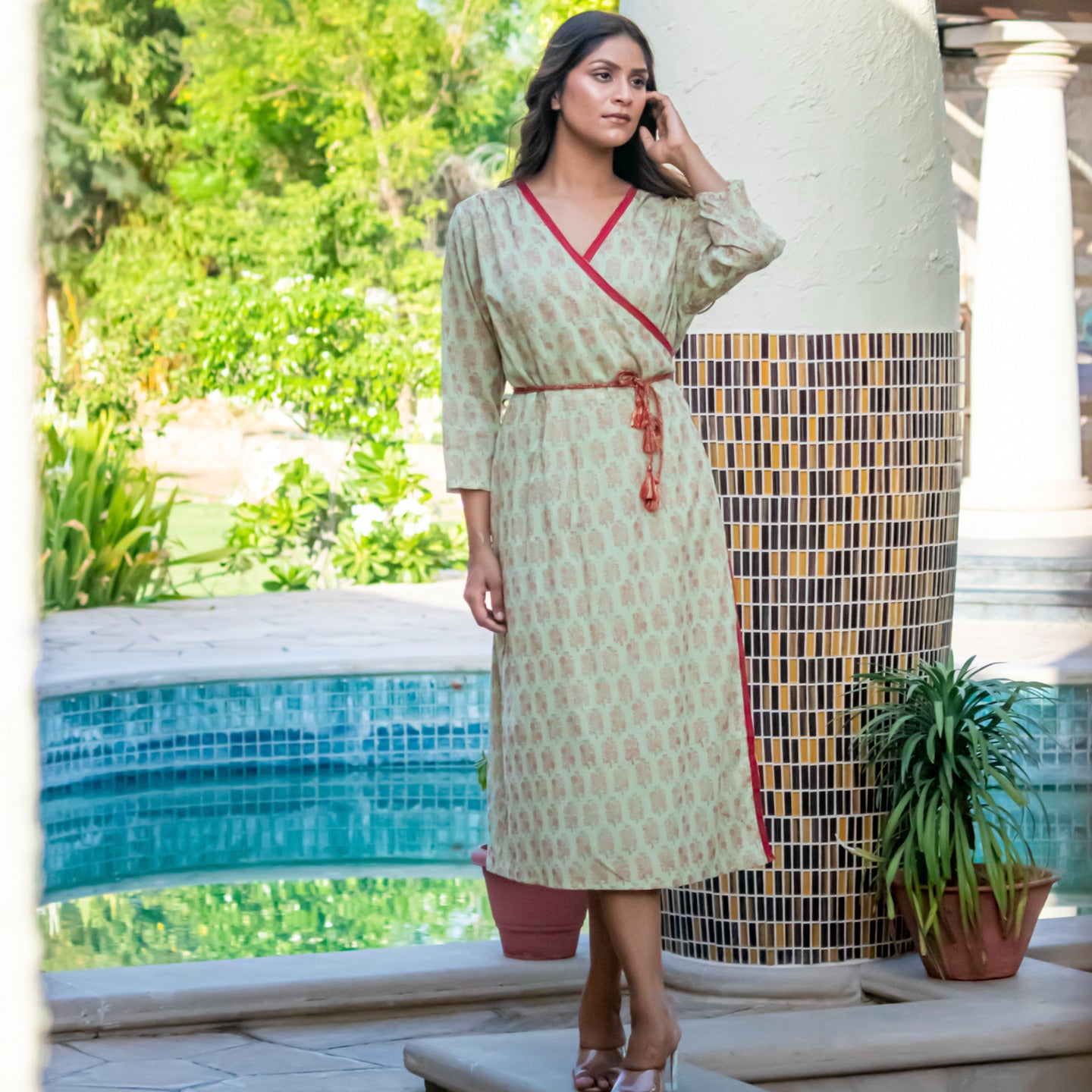 Women wrap around block printed dress