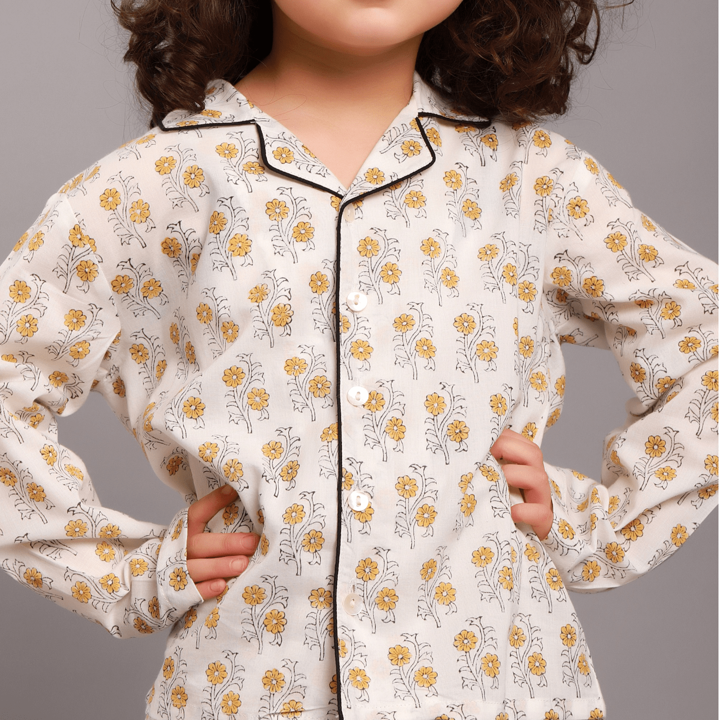 Block Printed Girl's Nightsuit set Beige Buti