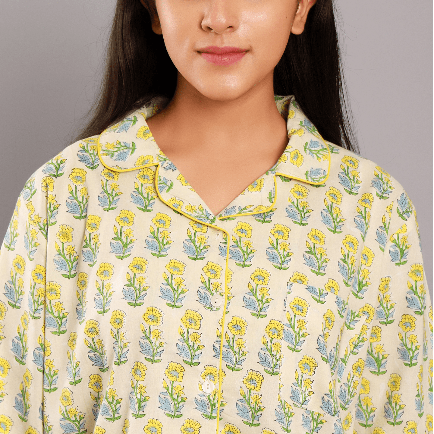 Women nightsuit ethnic buti beige- yellow block printed