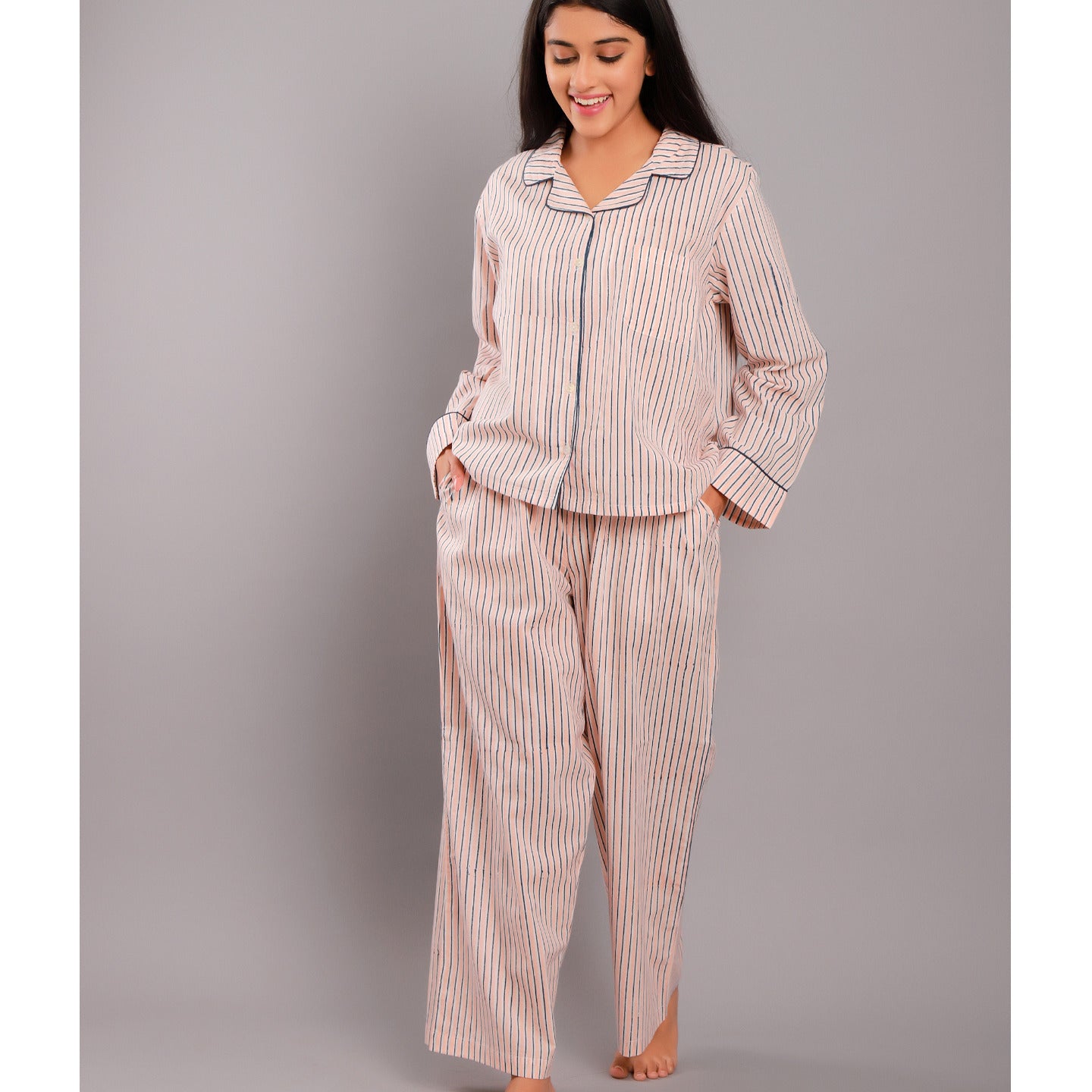 Striped Night Suit PJ Set Pink