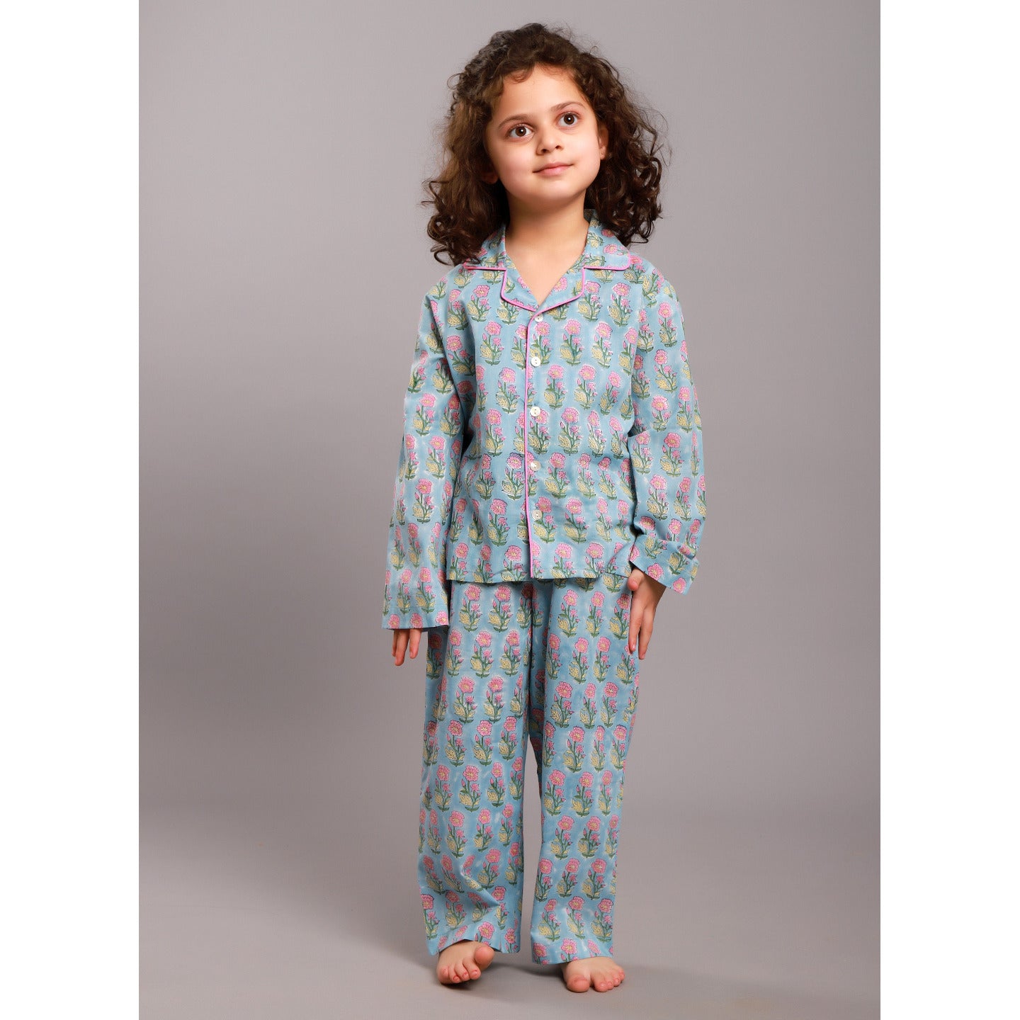 Block Printed Girl's Nightsuit set Ethnic buti Blue- Pink