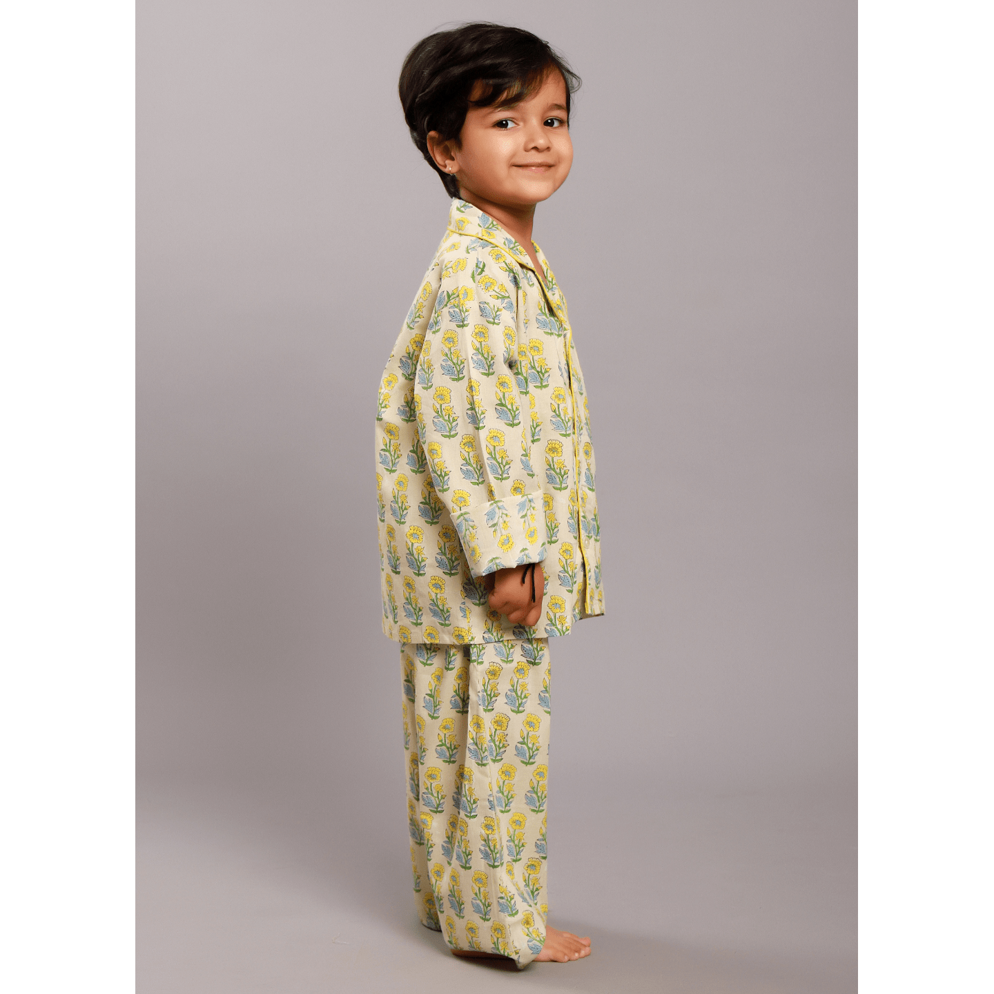 Block Printed Girl's Nightsuit set Ethnic Beige- Yellow Buti