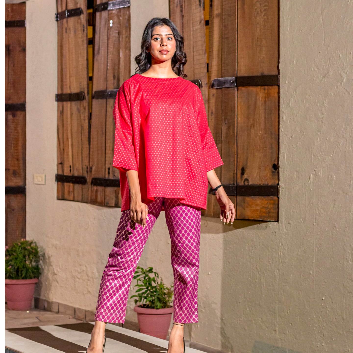 Women Jacquard Chanderi Coord Set Red- Purple