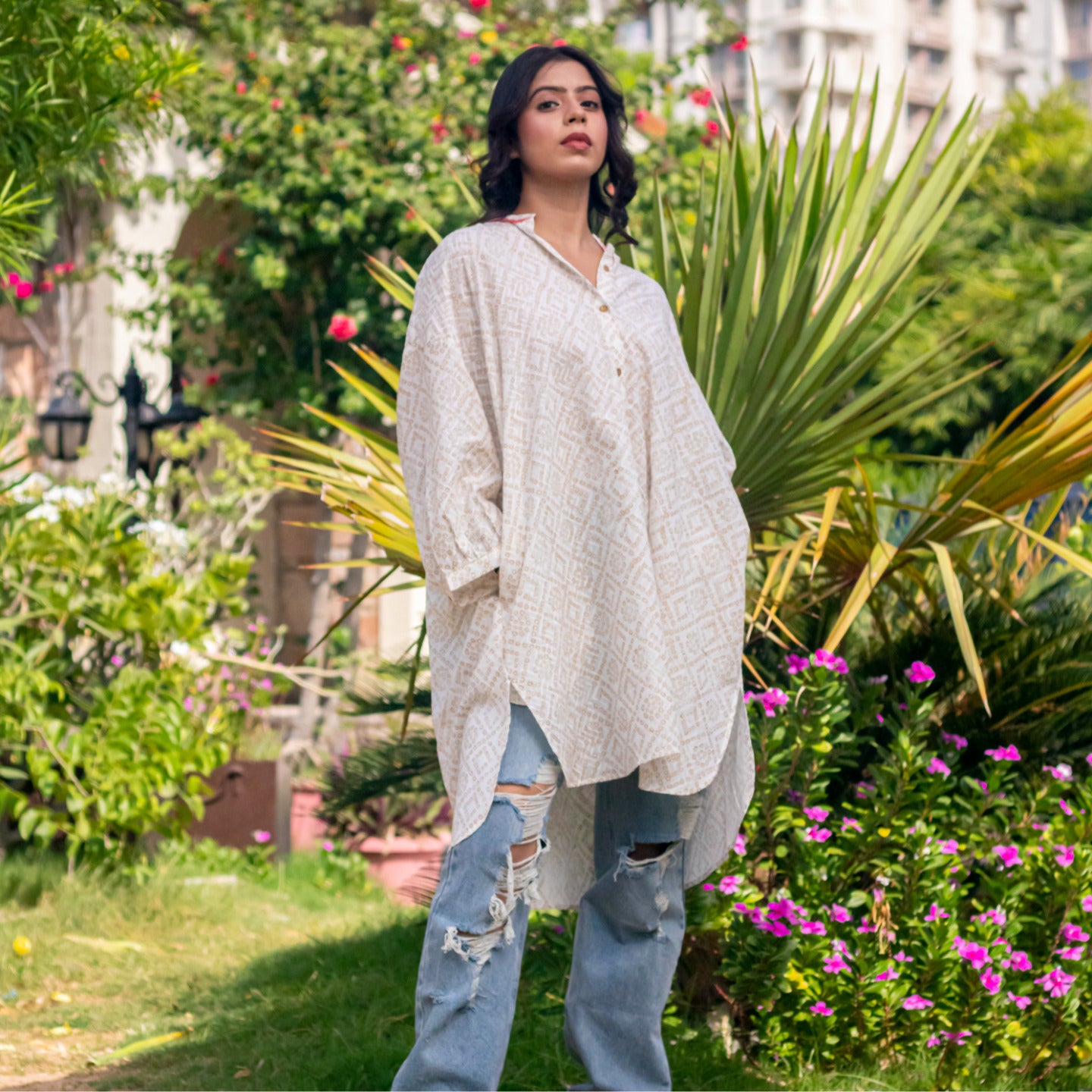 Women Block printed oversized shirt dress