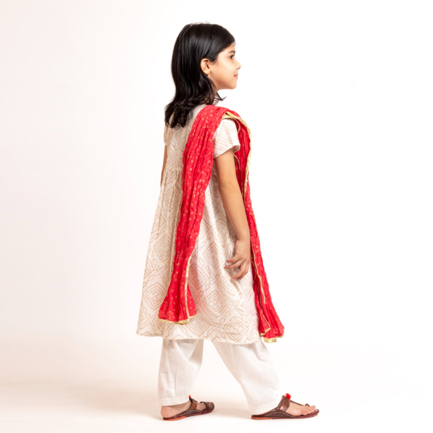 Girl's Block printed Embroidered Kurta Set White
