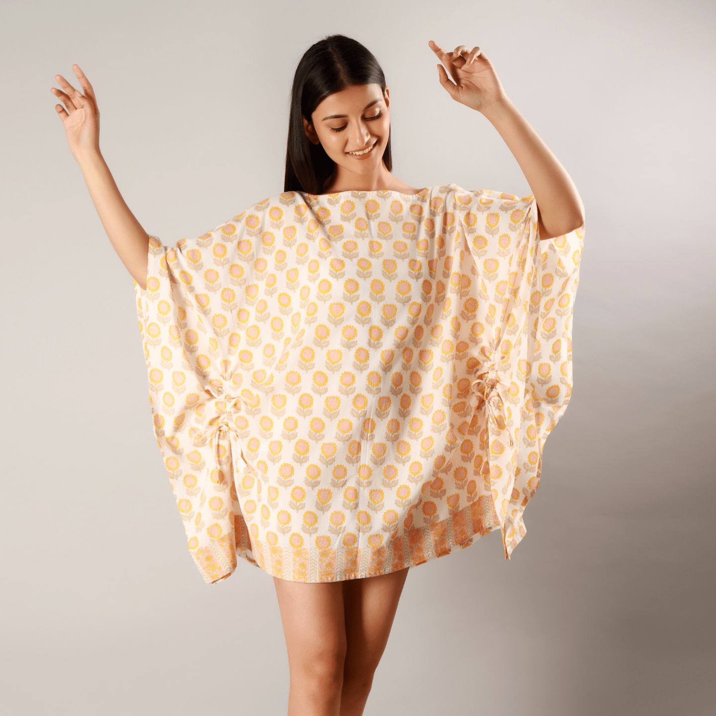 Block printed Women kaftan Sunflower yellow