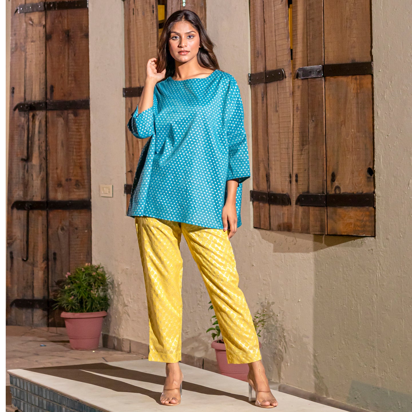 Women Jacquard Chanderi Coord Set Blue- Yellow