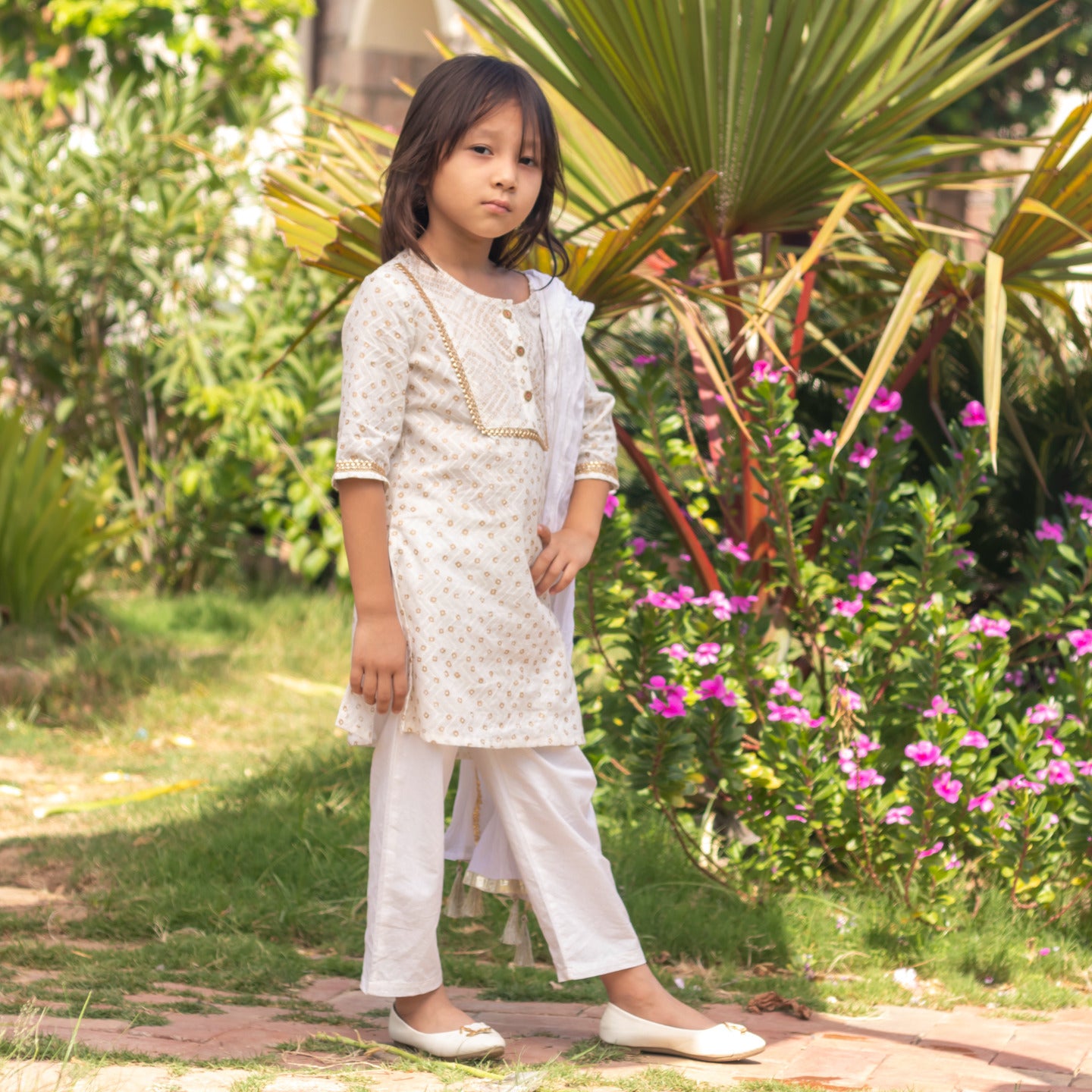 Girls Block Printed Kurta Set Bandhej White