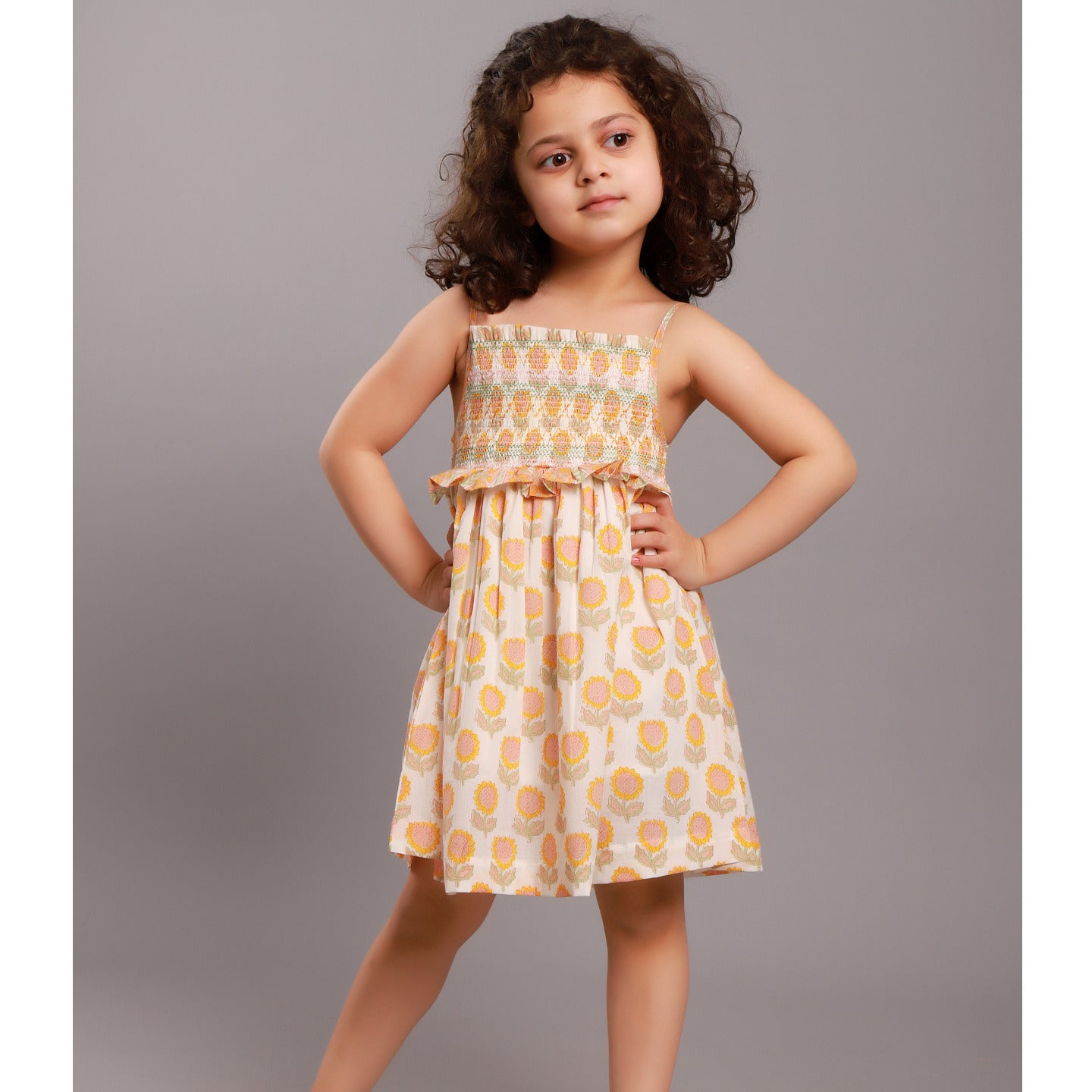 Block printed Girl's smocked dress