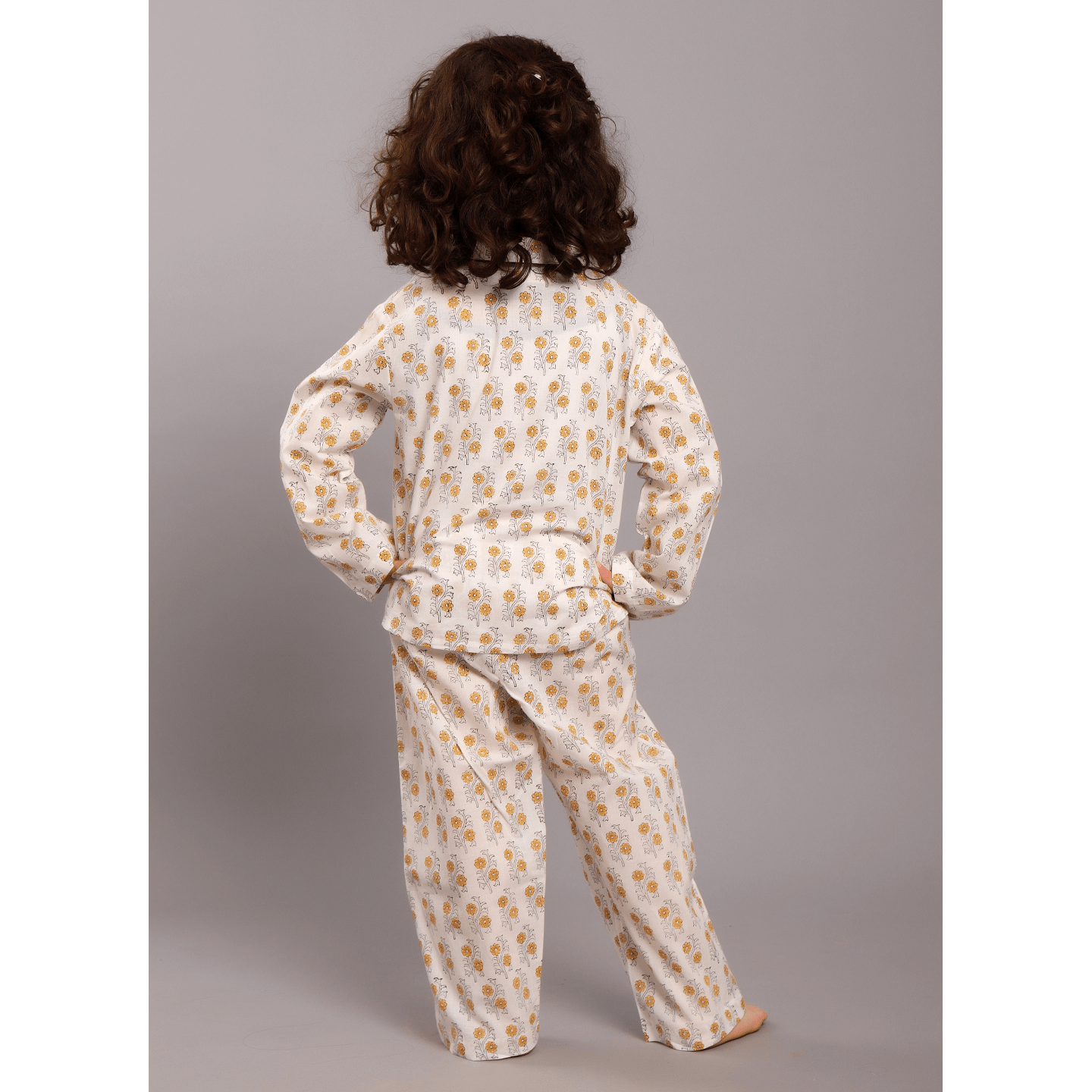 Block Printed Girl's Nightsuit set Beige Buti