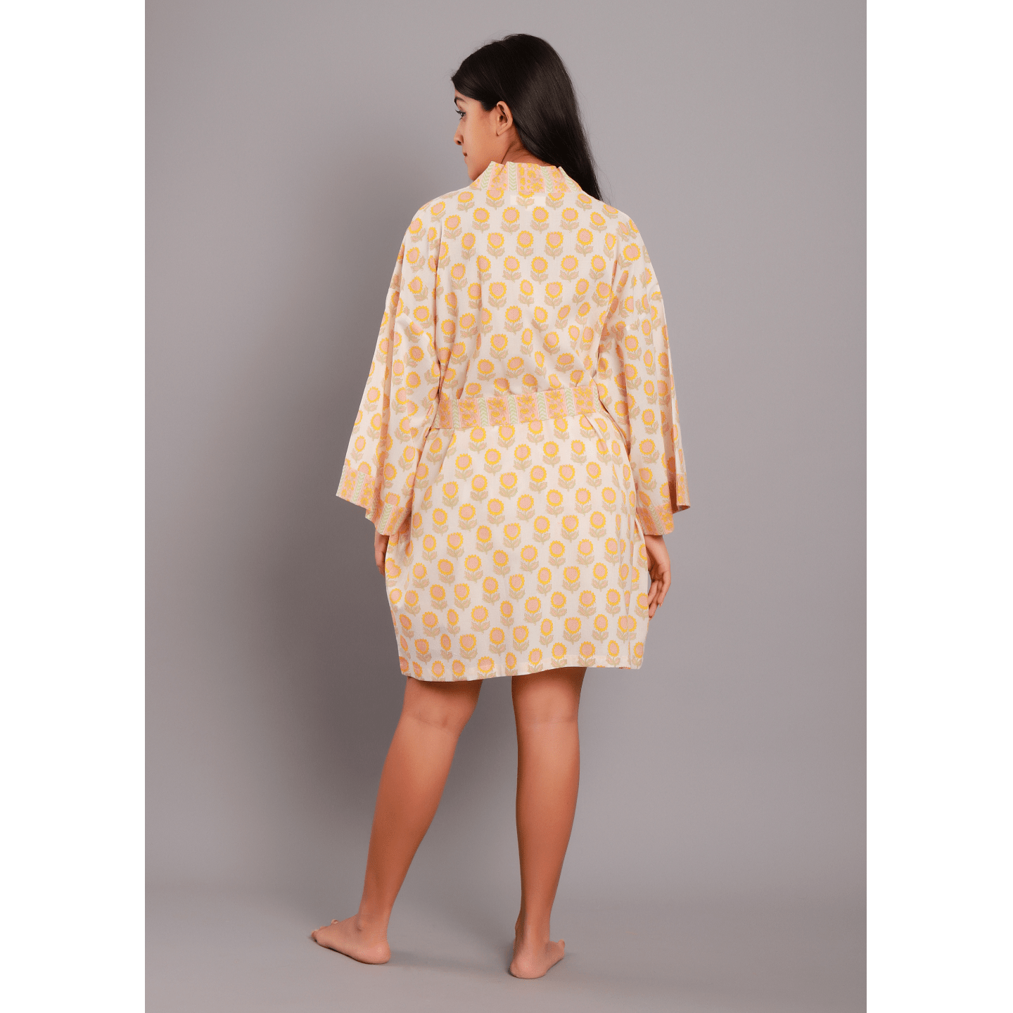 Block Printed Women bathrobe Sunflower yellow