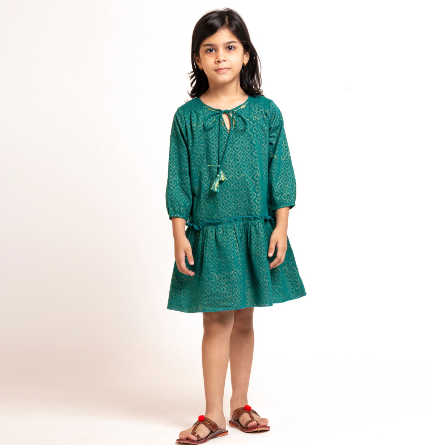 Girl's Block printed Dress Green