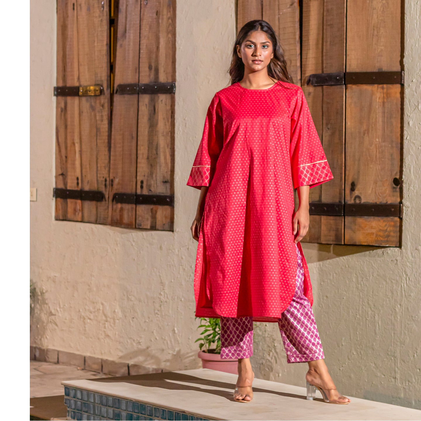 Women Jaquard Chanderi Kurta pants set Red
