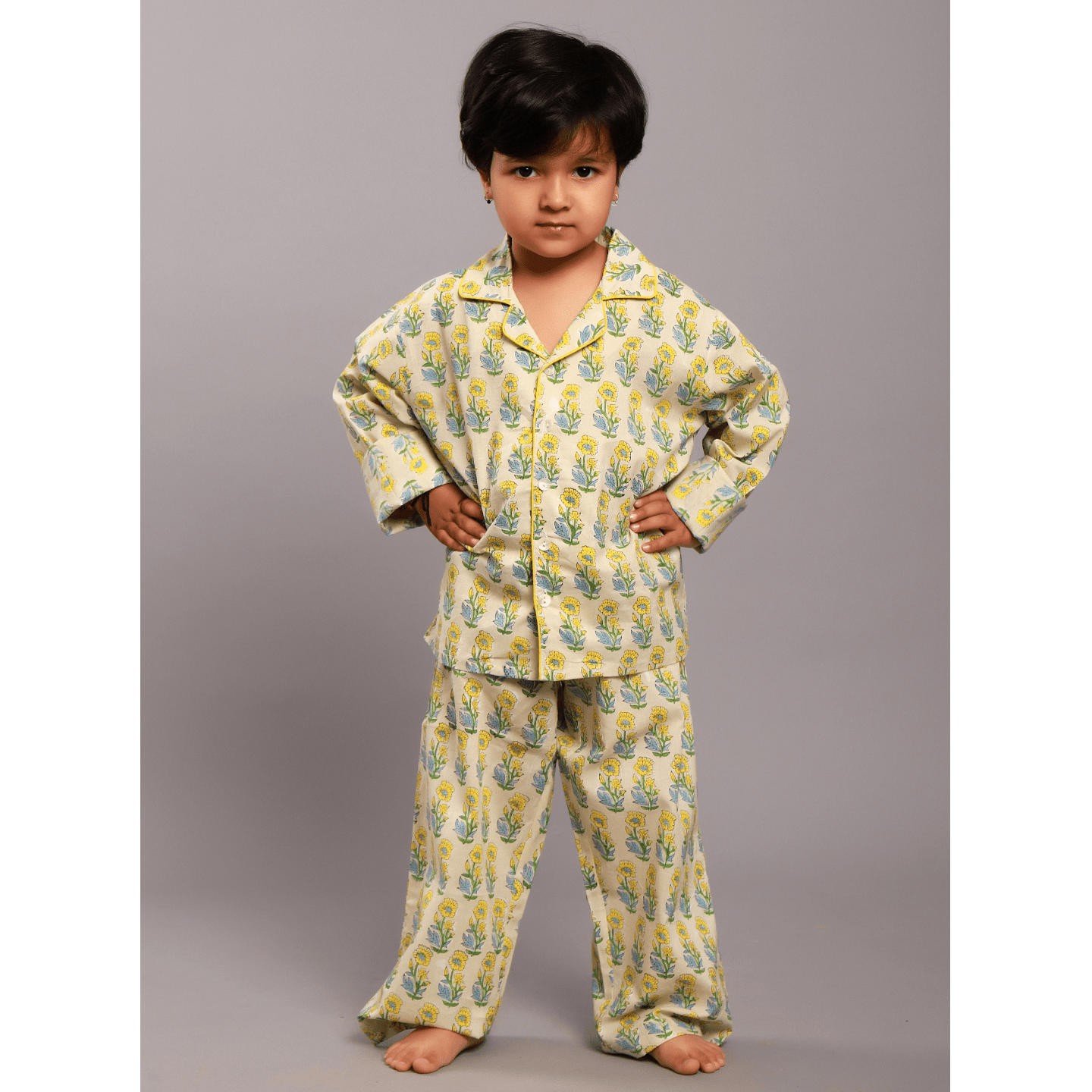 Block Printed Girl's Nightsuit set Ethnic Beige- Yellow Buti