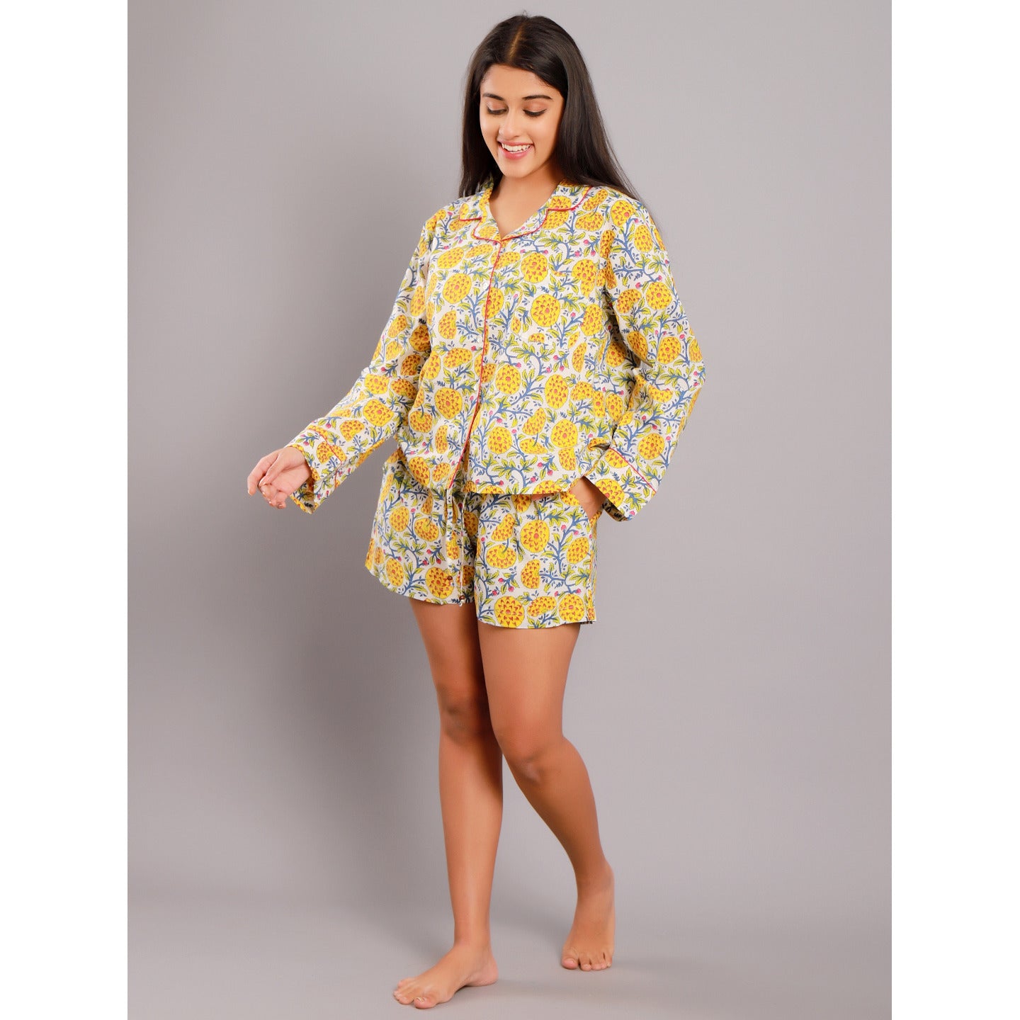 Marigold Night Suit Shorts Set Yellow