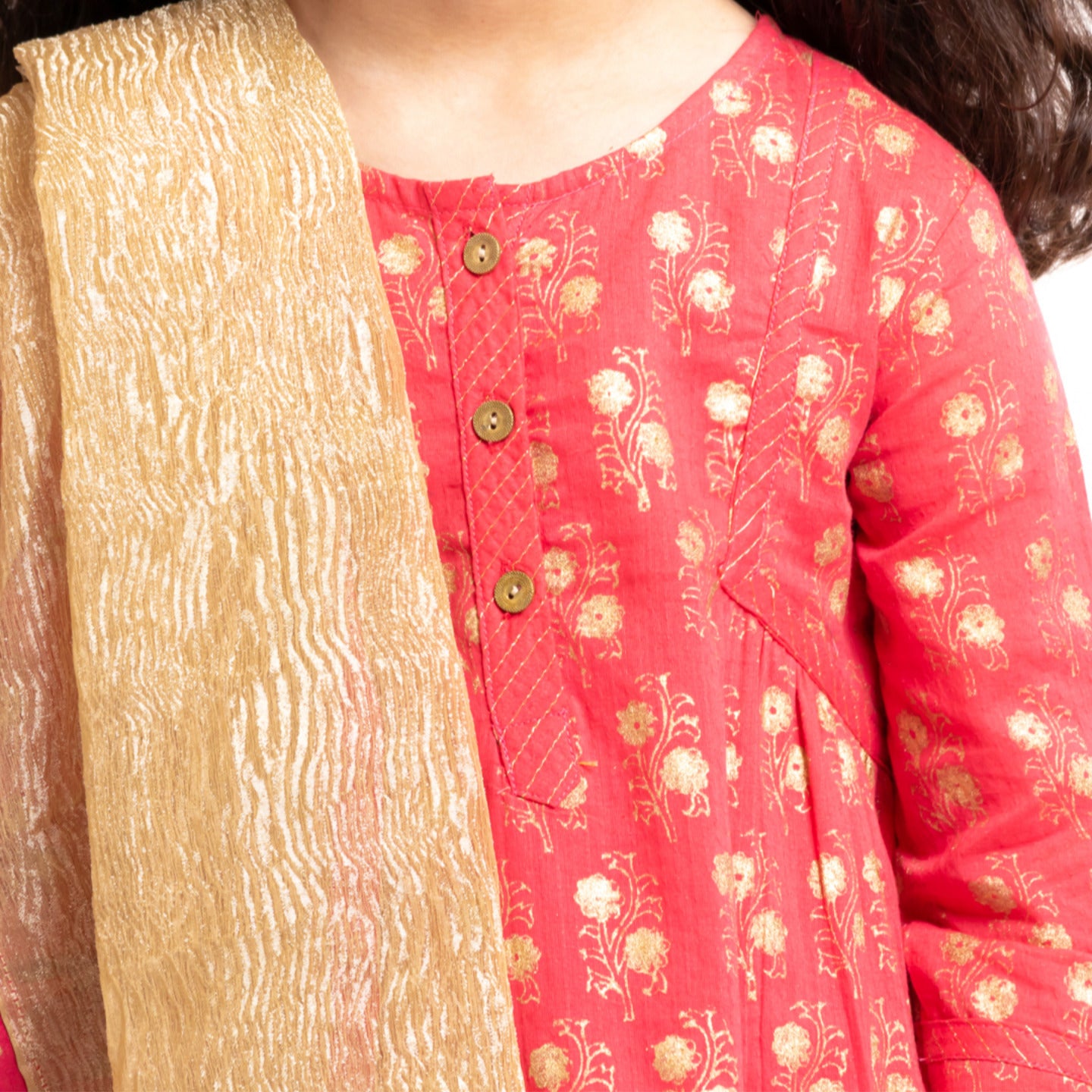 Girl's Block printed Kurta Set Gold Buti Pink