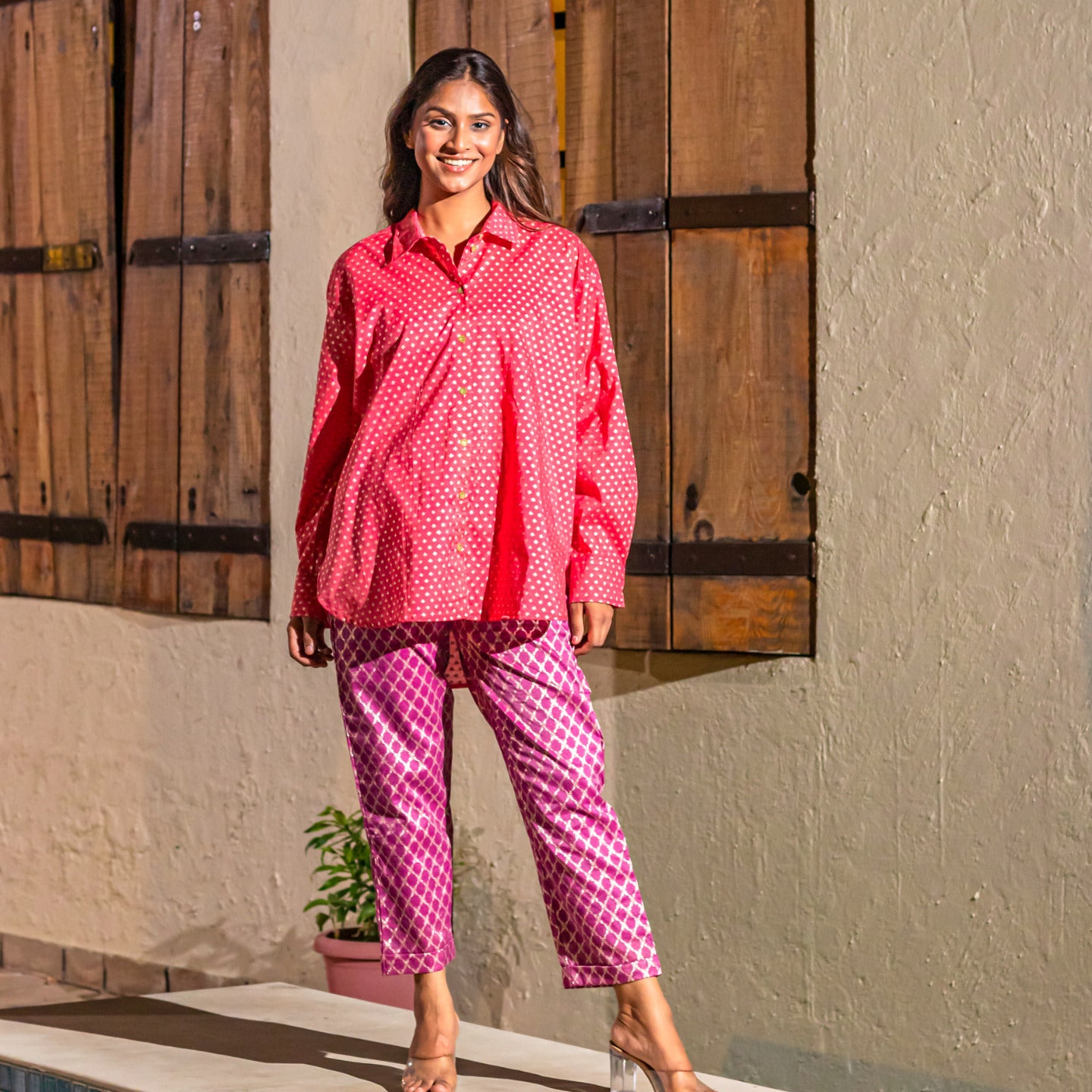 Women Jacquard Chanderi Over sized Shirt Coord Set Pink- Purple