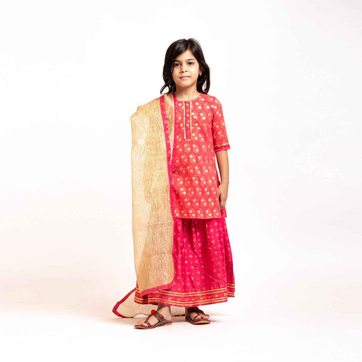 Girls Block Printed Lehenga Choli Set Pink