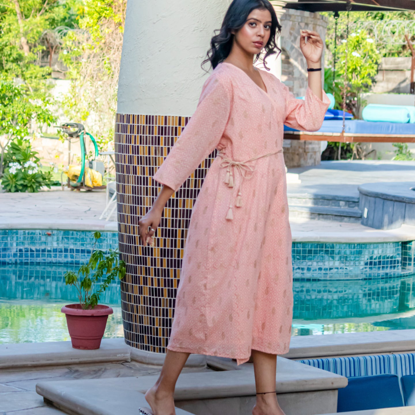 Women wrap around block printed dress