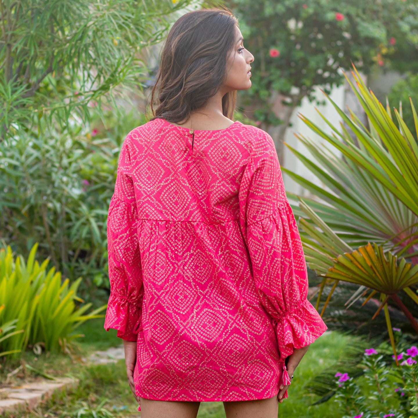 Women Block printed oversized Top Coral