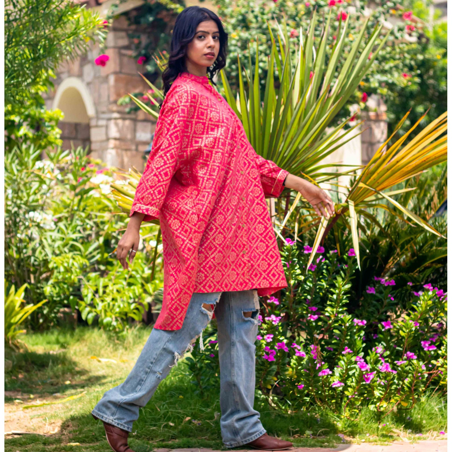 Women Block printed oversized shirt Coral