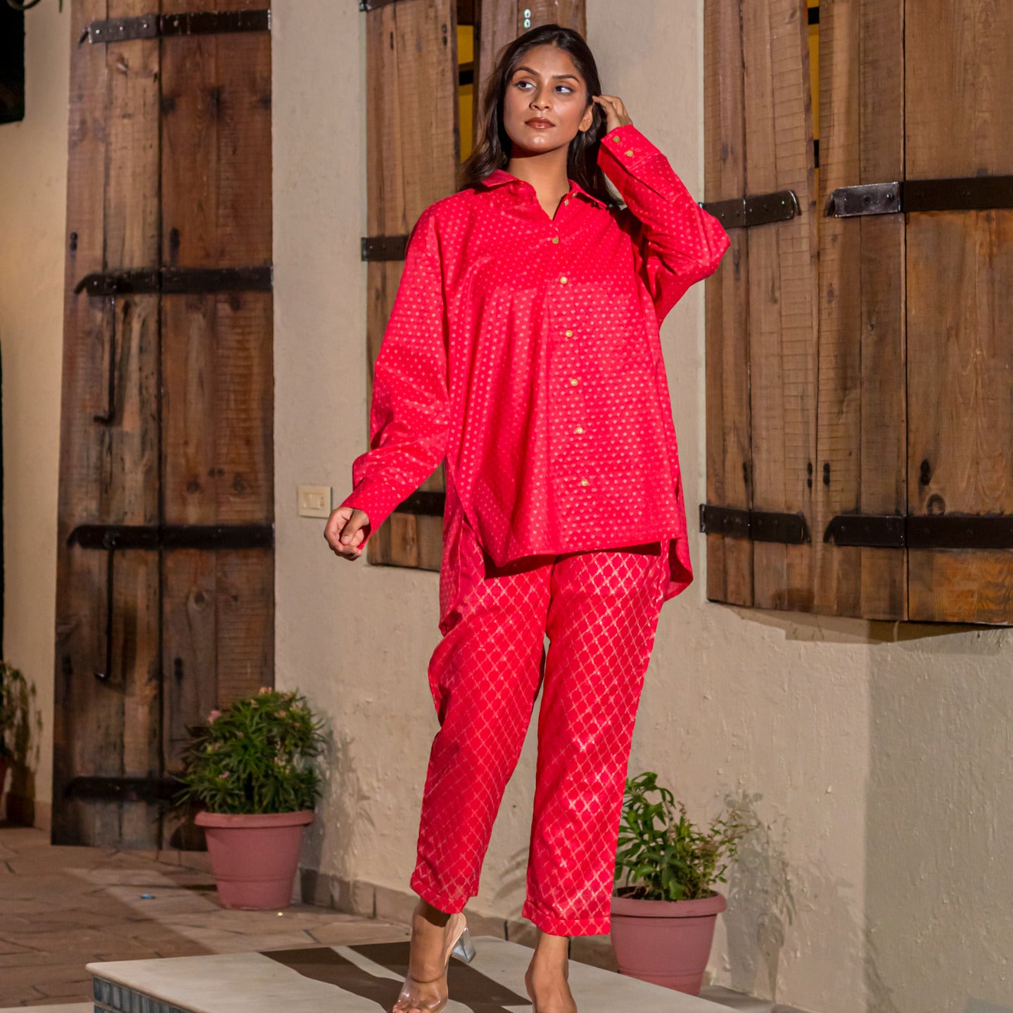Women Jacquard Chanderi Over sized Shirt Coord Set Red