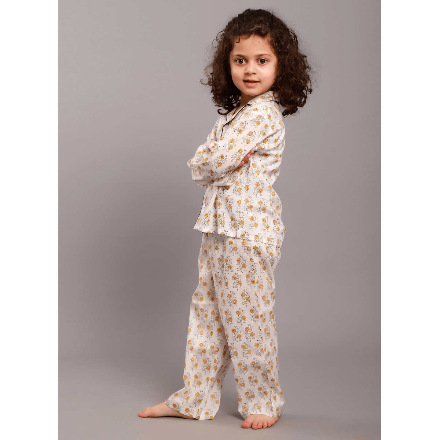 Block Printed Girl's Nightsuit set Beige Buti