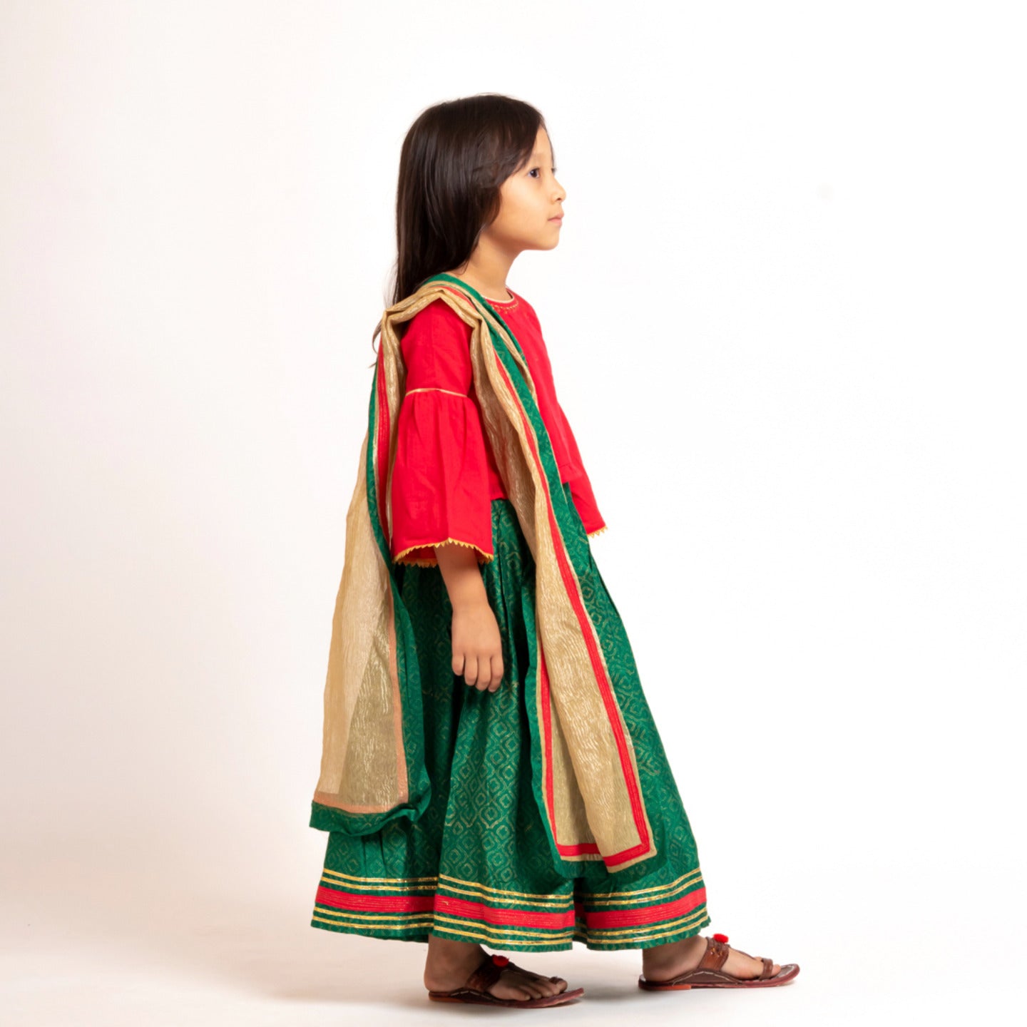 Girl's Embroidered Lehenga Choli Red- Green