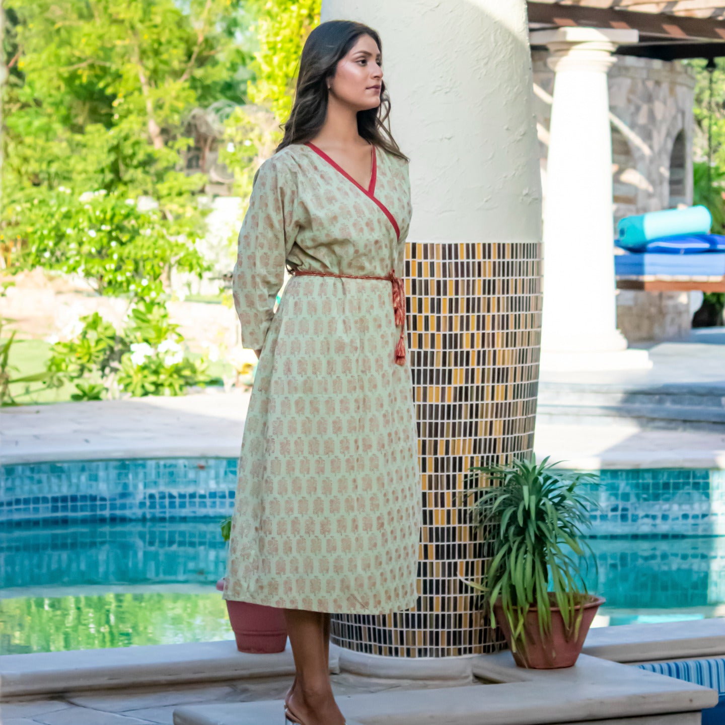 Women wrap around block printed dress