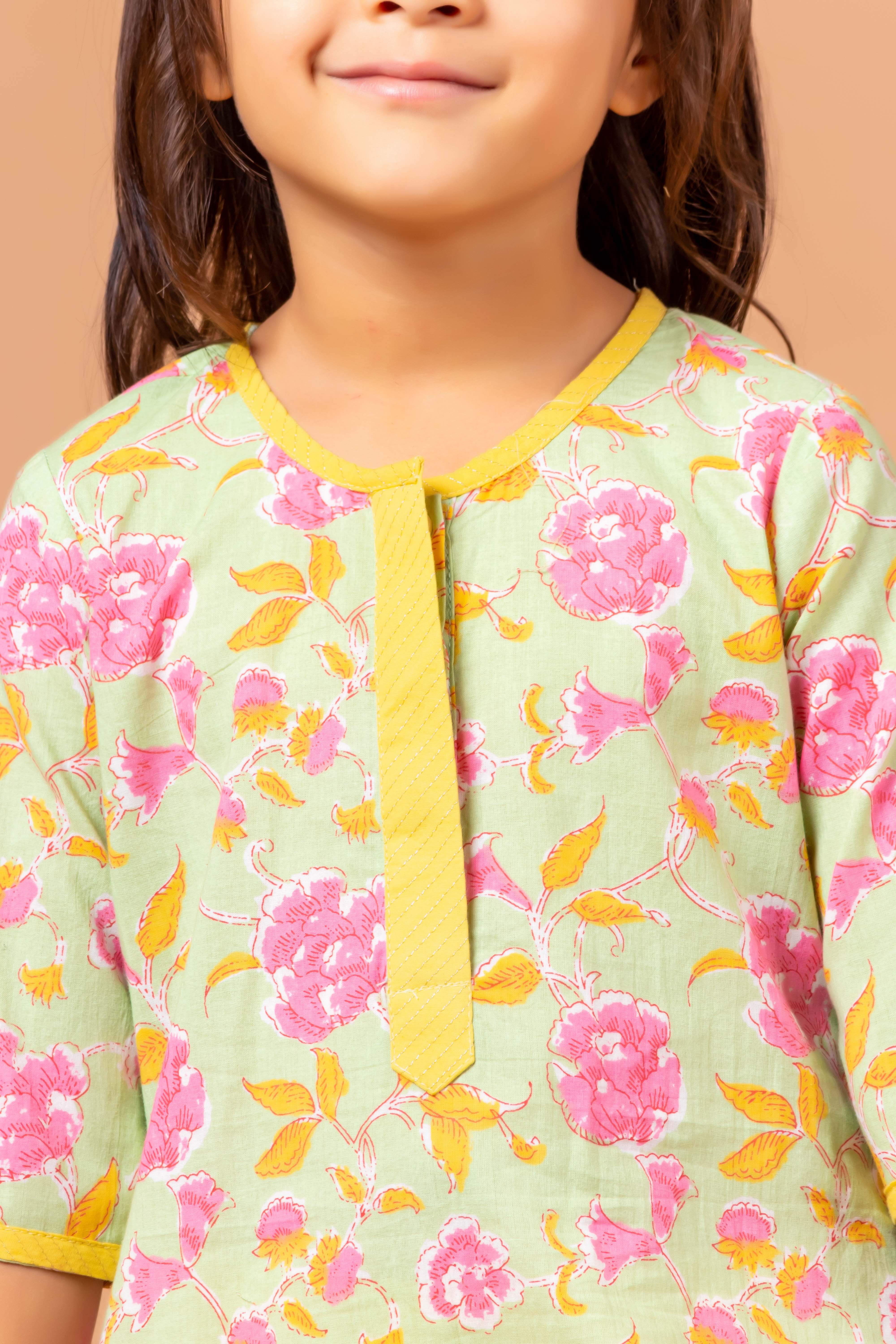 Girls Printed Kurta Set Floral Mint