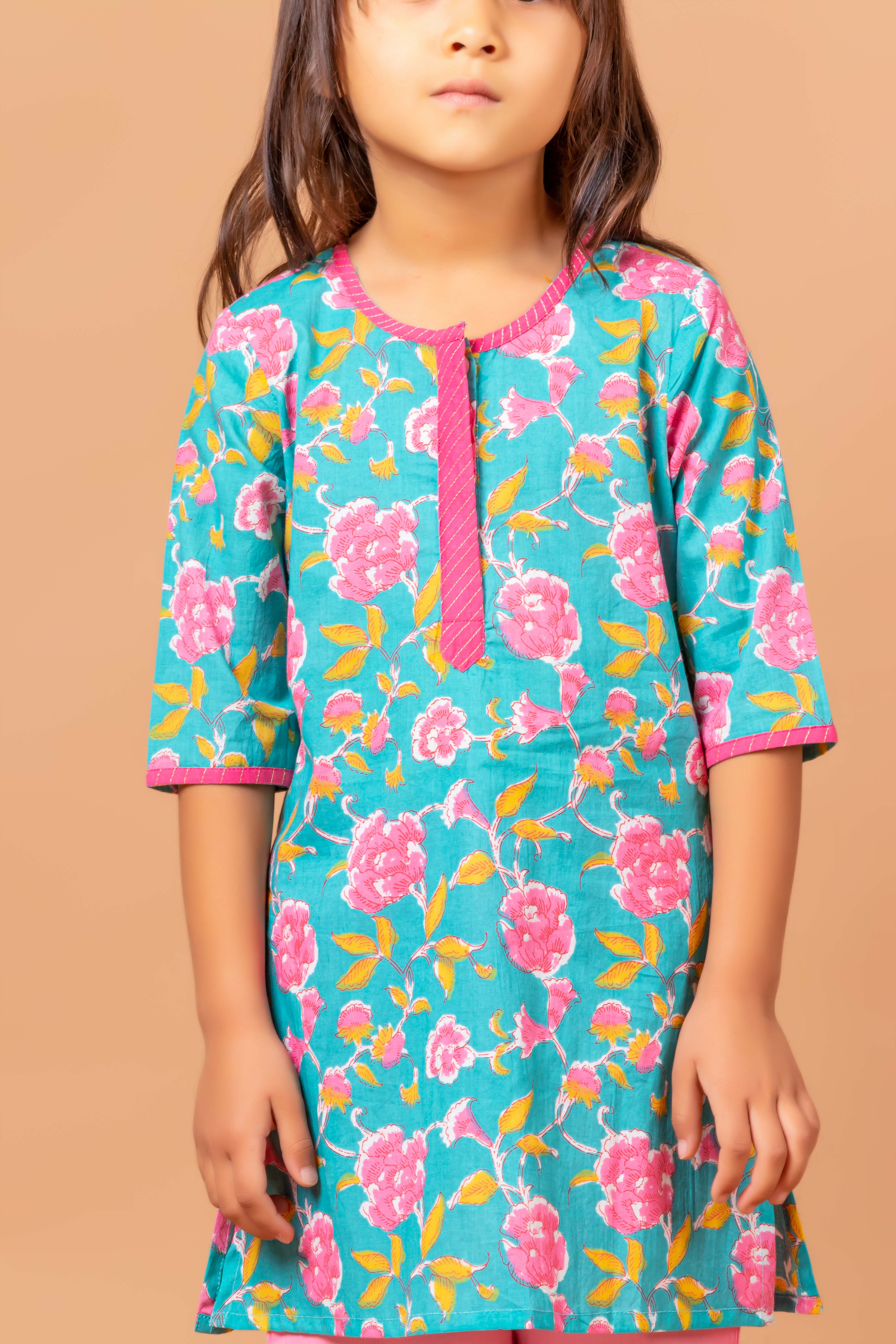 Girls Printed Kurta Set Floral Teal