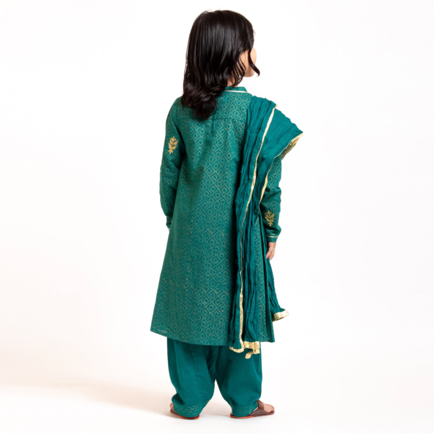 Girl's Block printed Embroidered Kurta Set Green