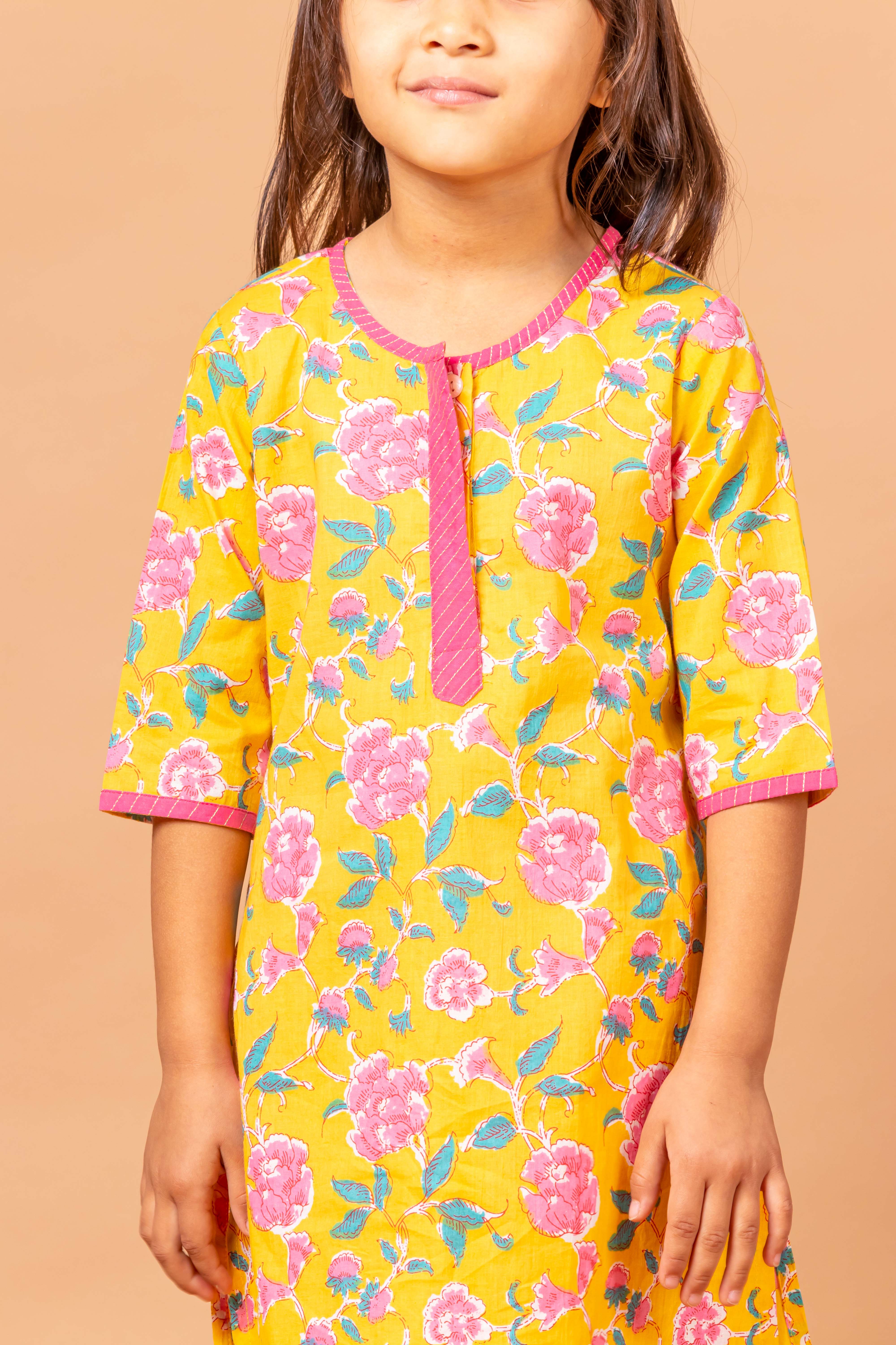 Girls Printed Kurta Set Floral Yellow