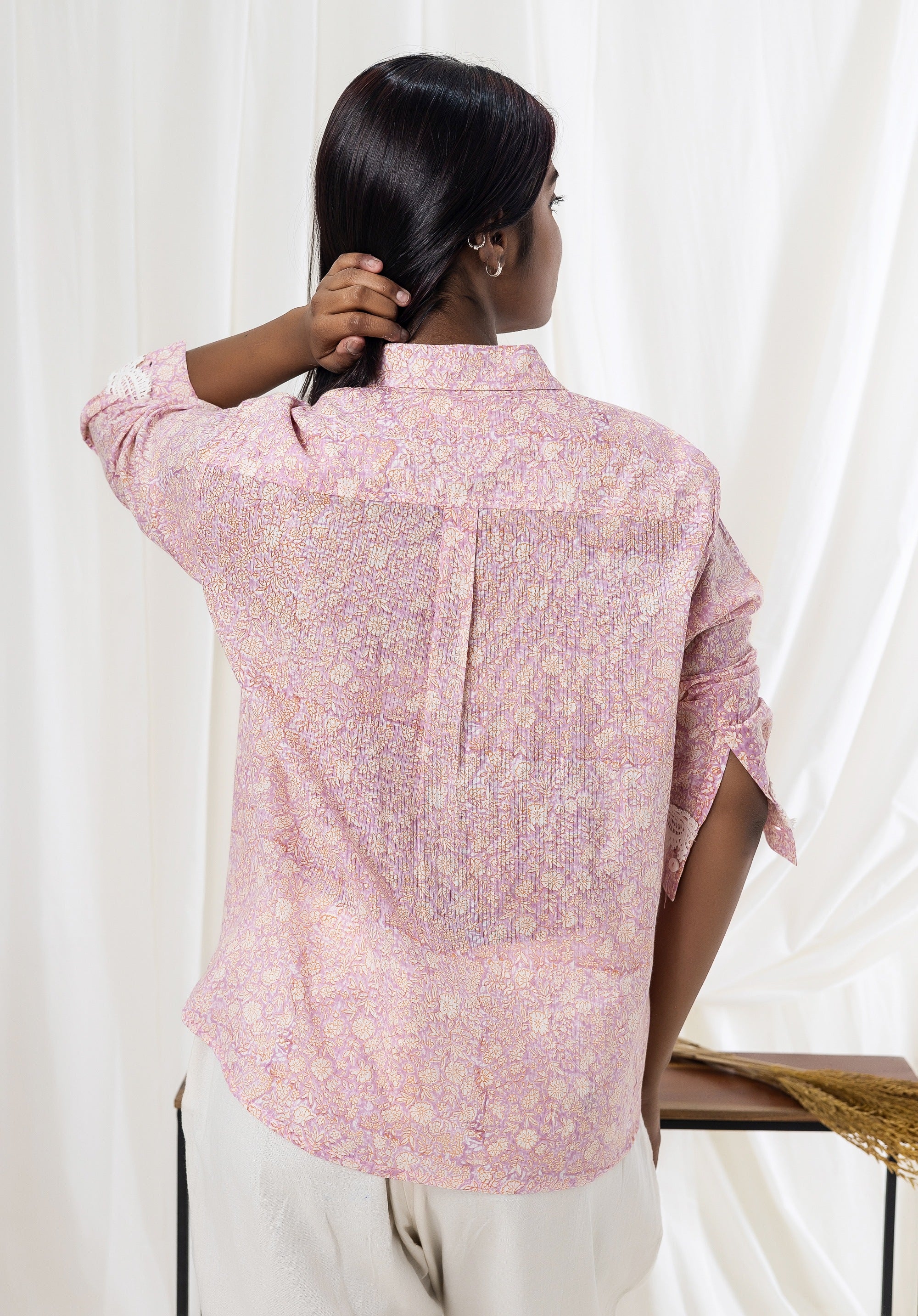 Women Block printed Piyu Oversized shirt Liberty Pink