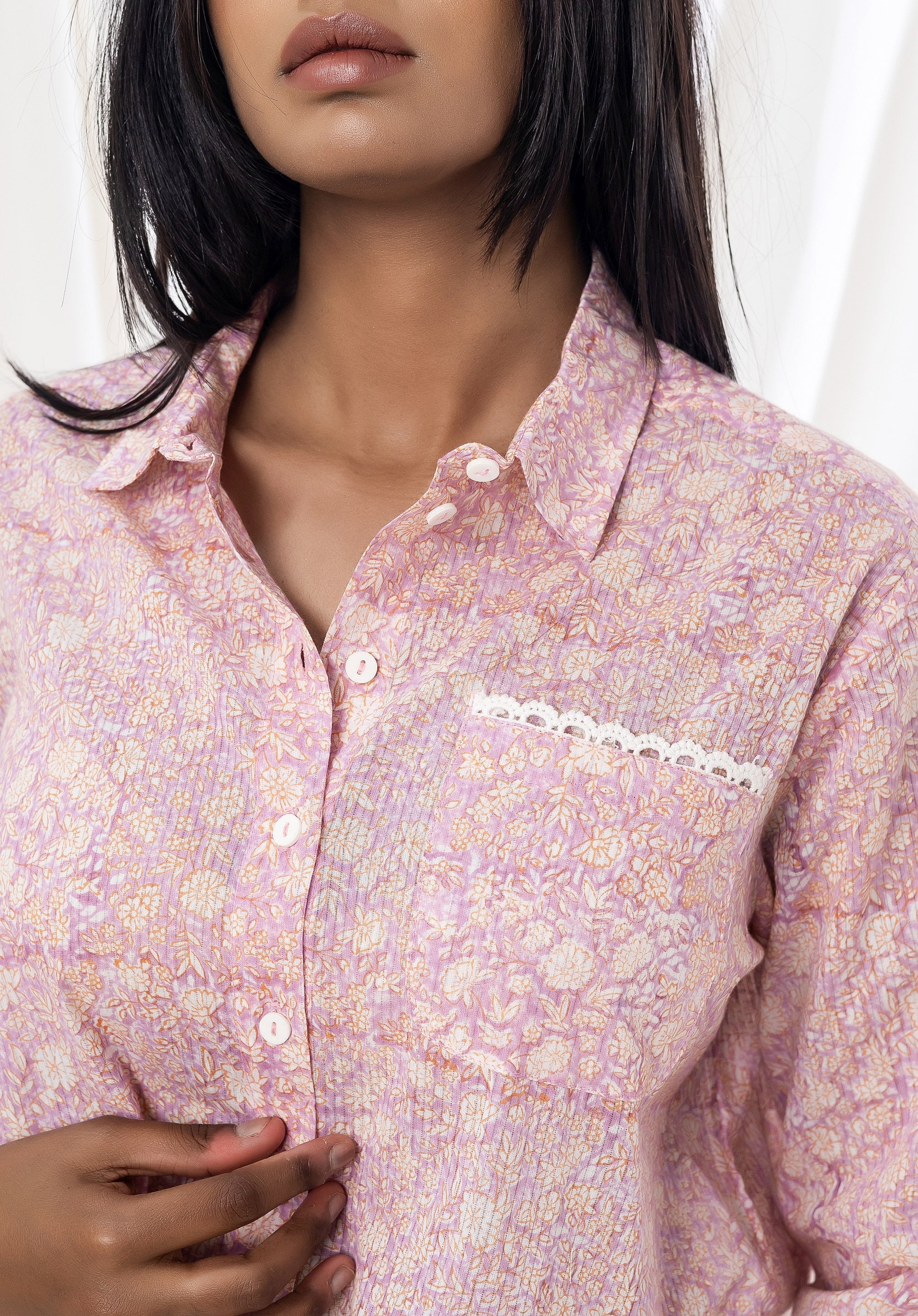 Women Block printed Piyu Oversized shirt Liberty Pink